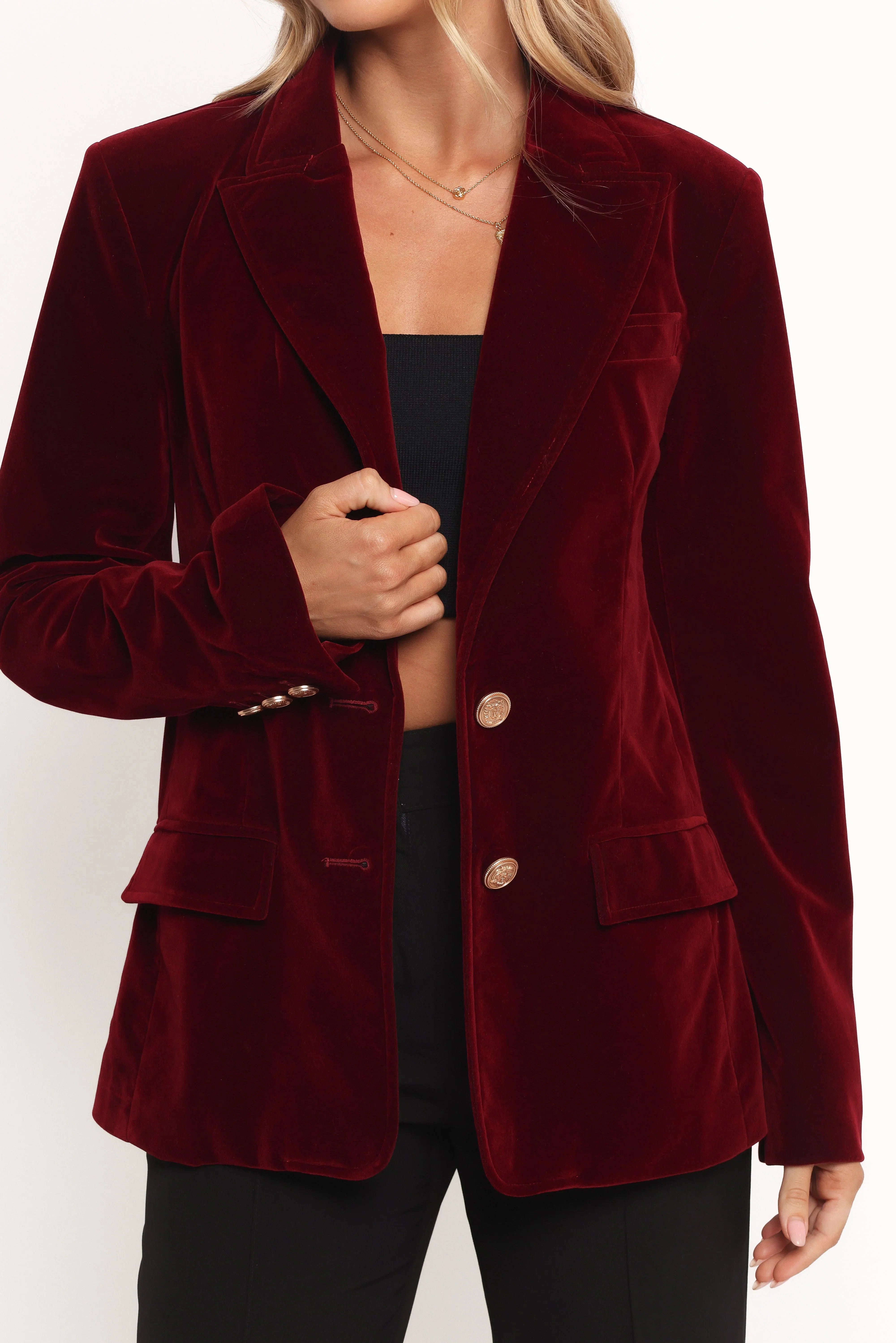 Zpya Single Button Velvet Blazer Berry