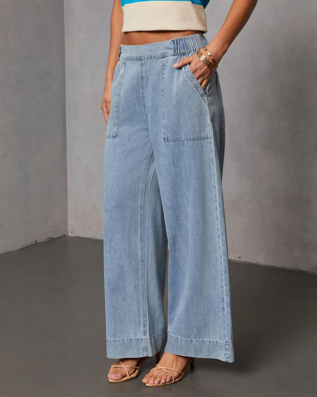 Bobi Relaxed Mid Rise Elastic Waistband Pull On Jeans