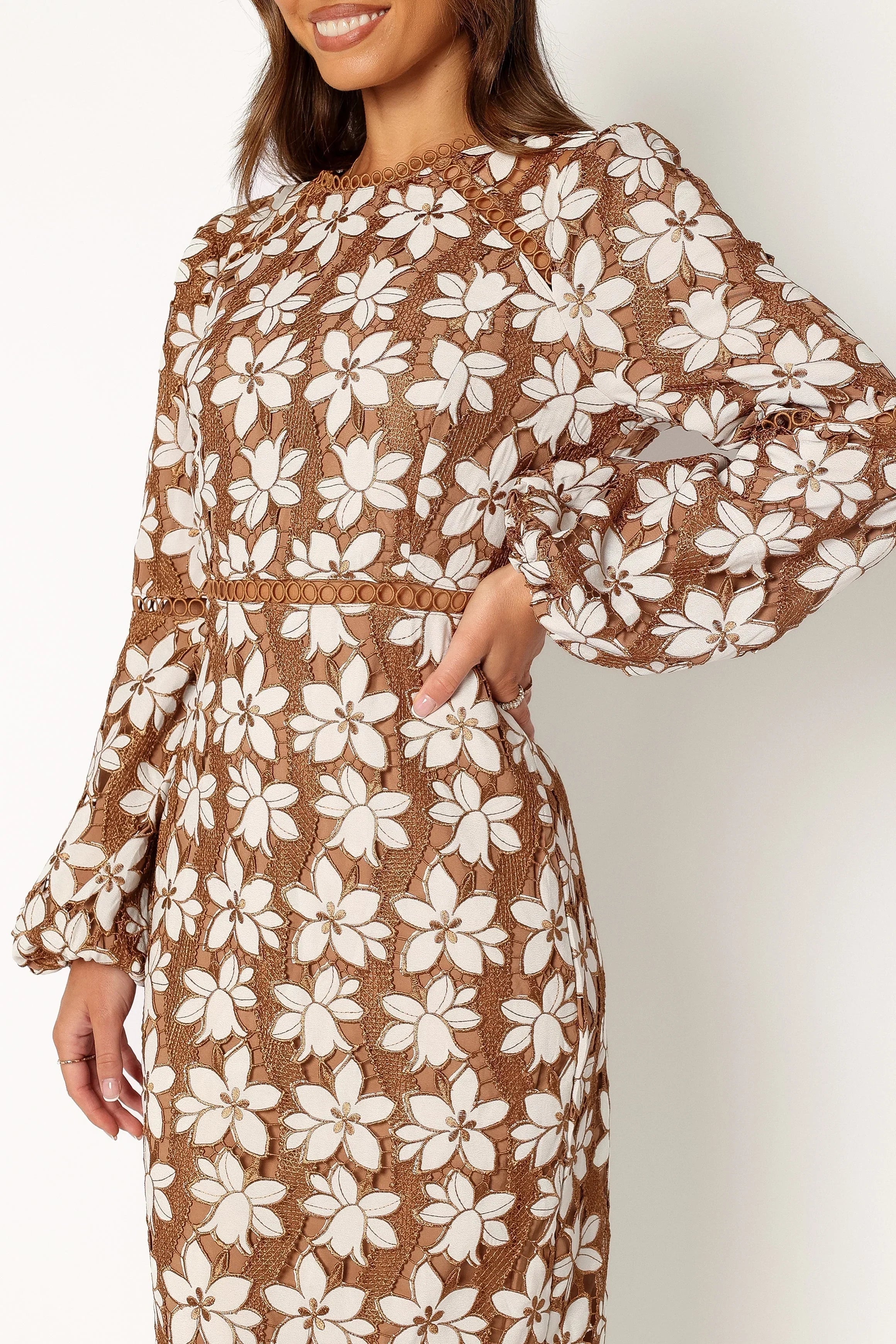 Pierre Long Sleeve Lace Maxi Dress Mocha