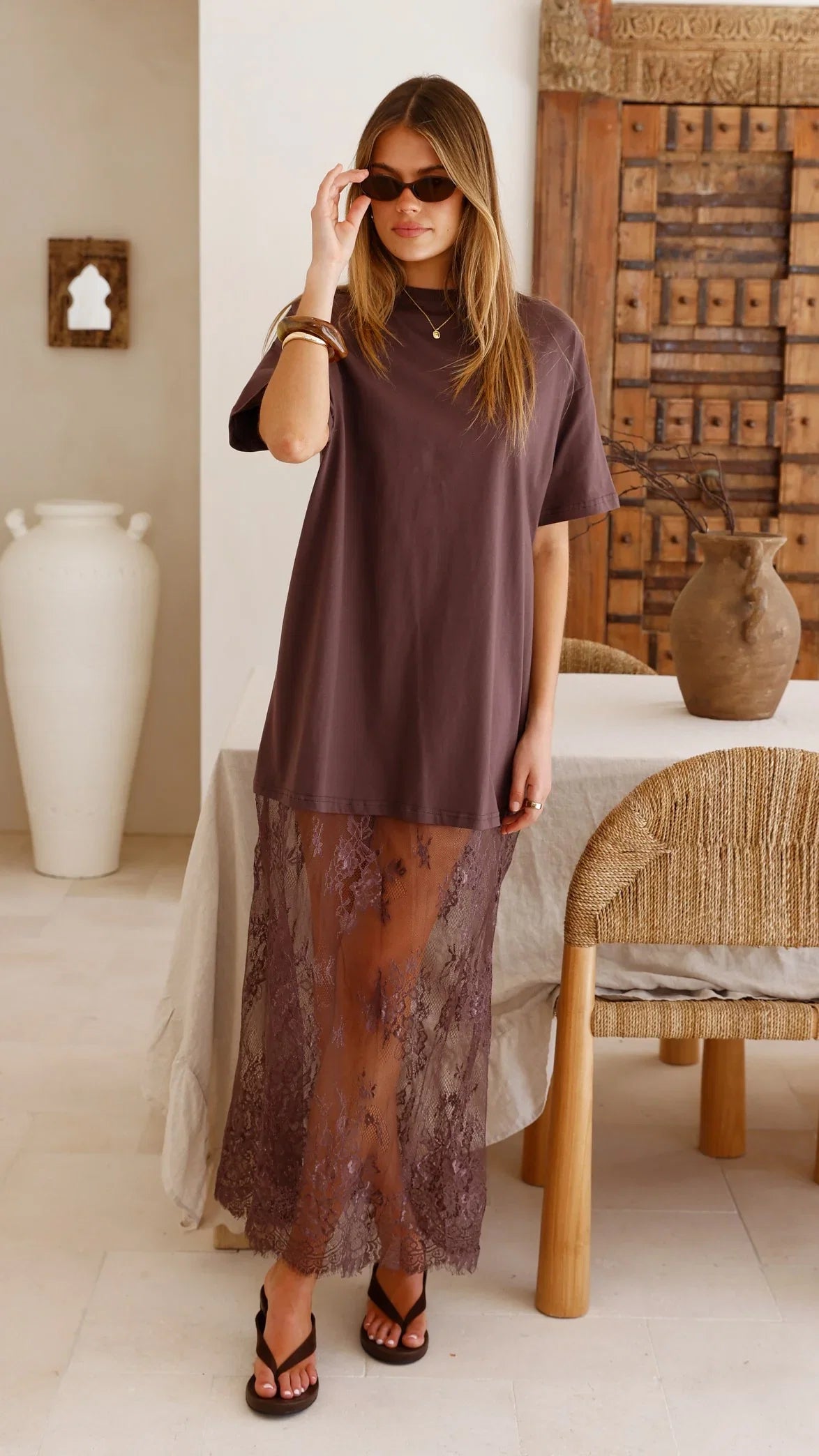 Raina T Shirt Maxi Dress Brown Lace