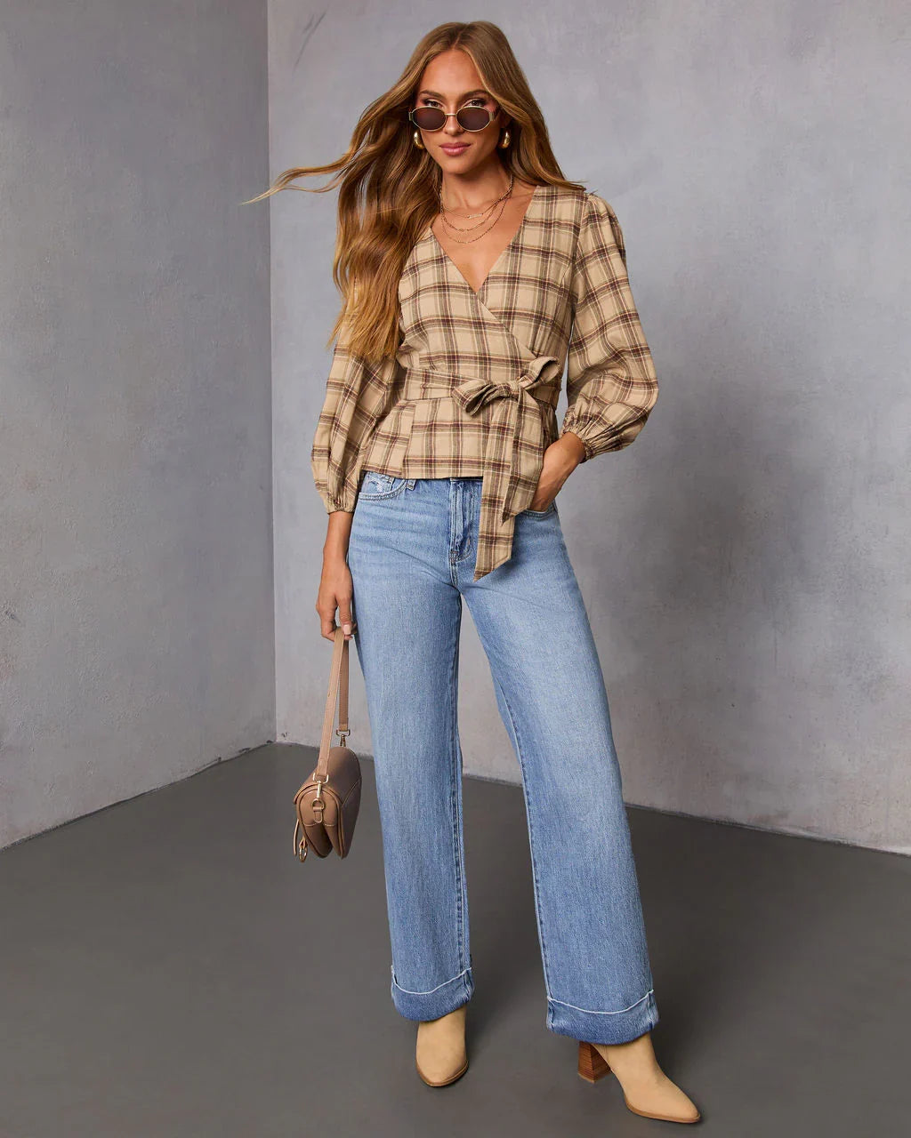 Nalena Plaid Wrap Blouse