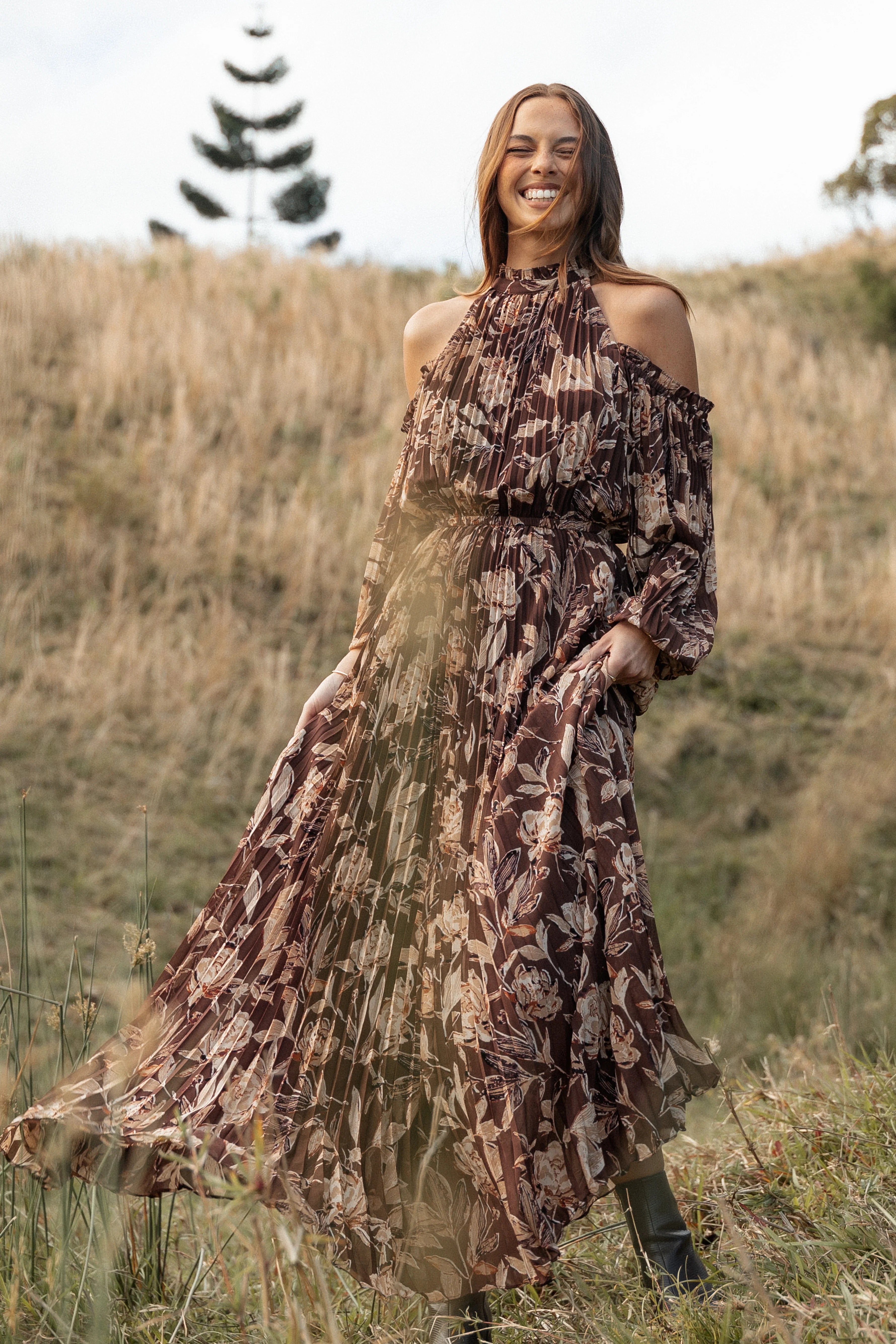 Hilary Pleated Maxi Dress Brown Floral