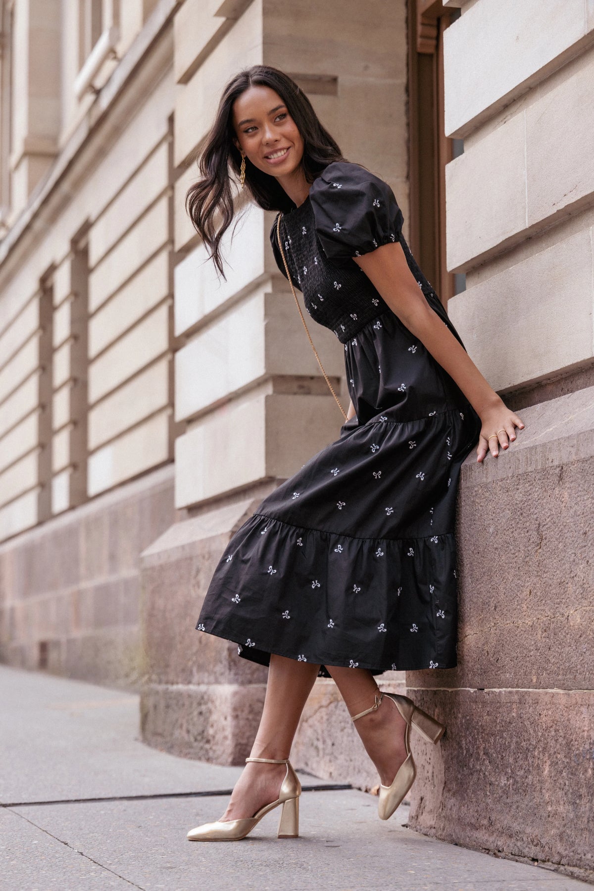 Naura Shirred Tiered Midi Dress Black Bow