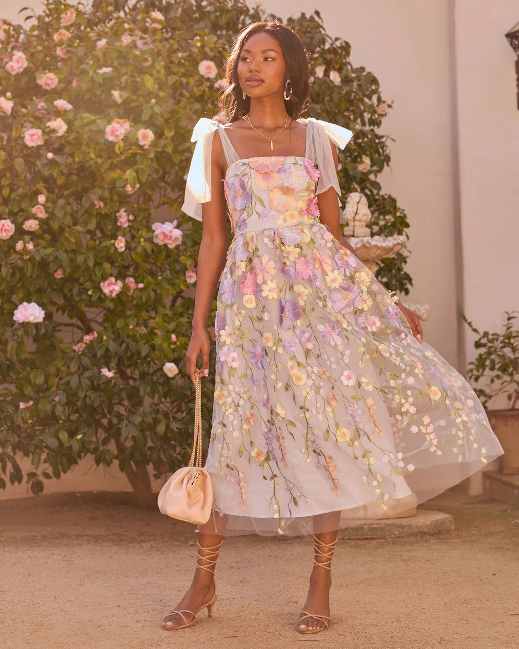 Falling Petals Floral Applique Midi Dress