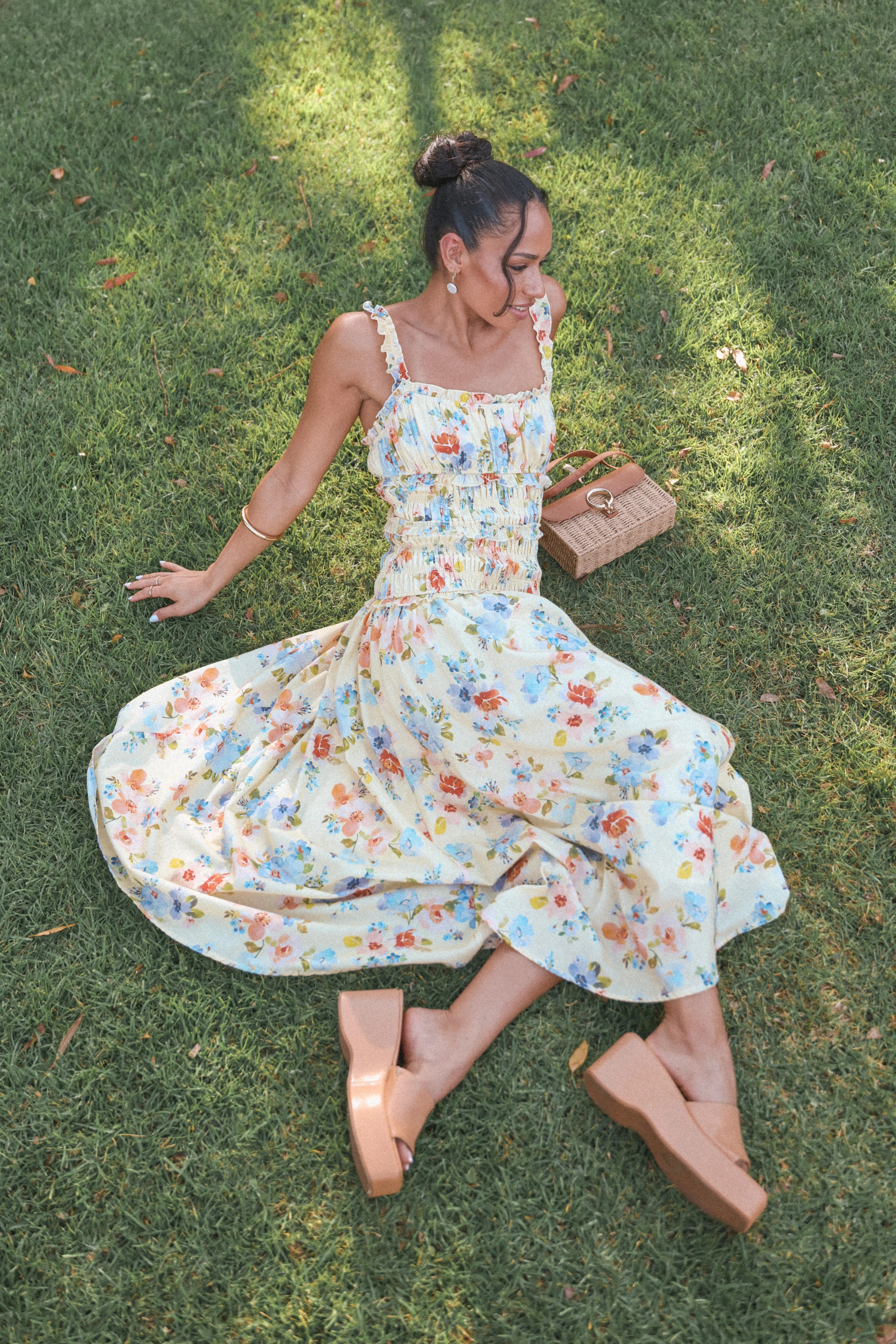 Enola Gather Midi Dress Yellow Floral