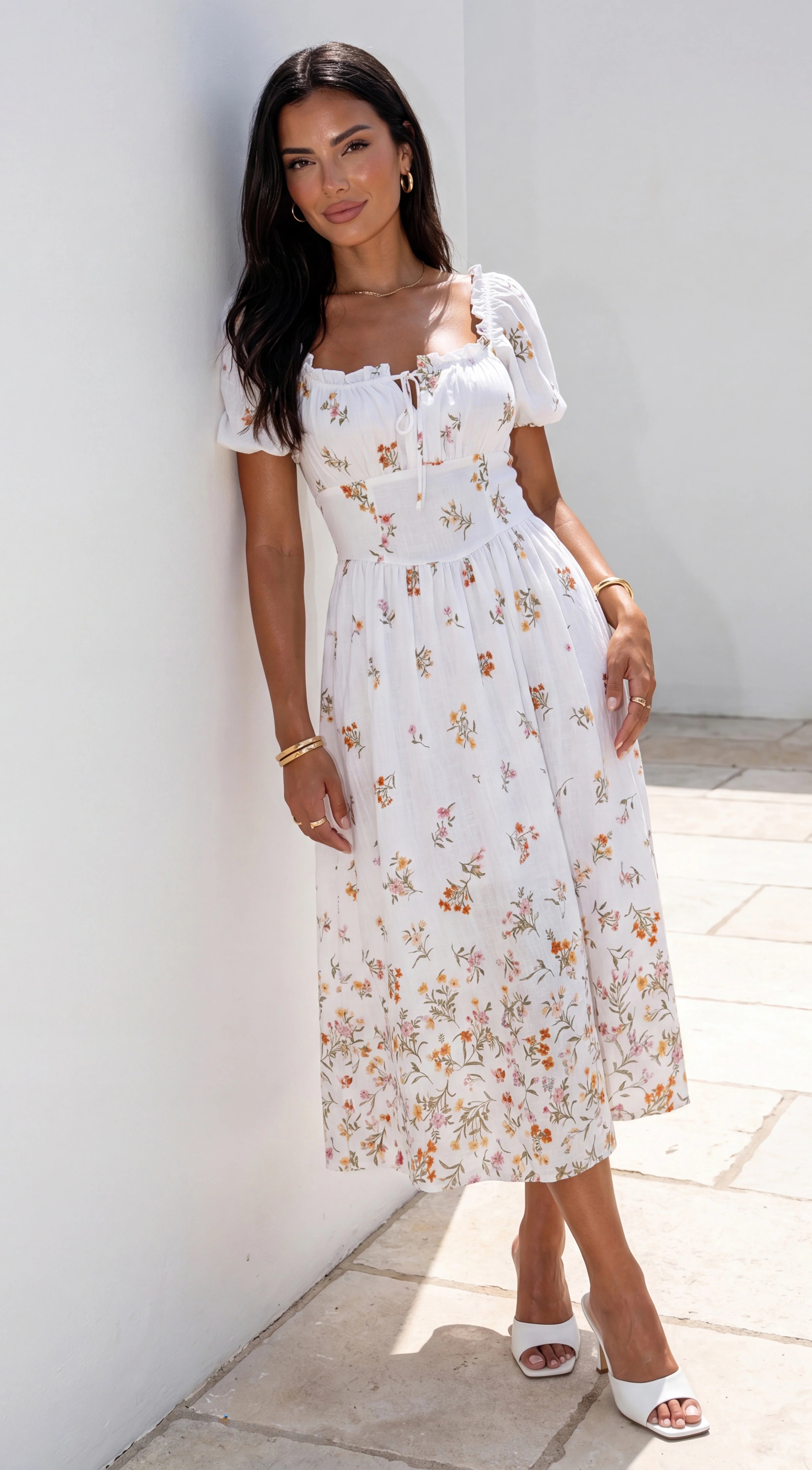 Lunaria Floral Midi Dress Ivory White