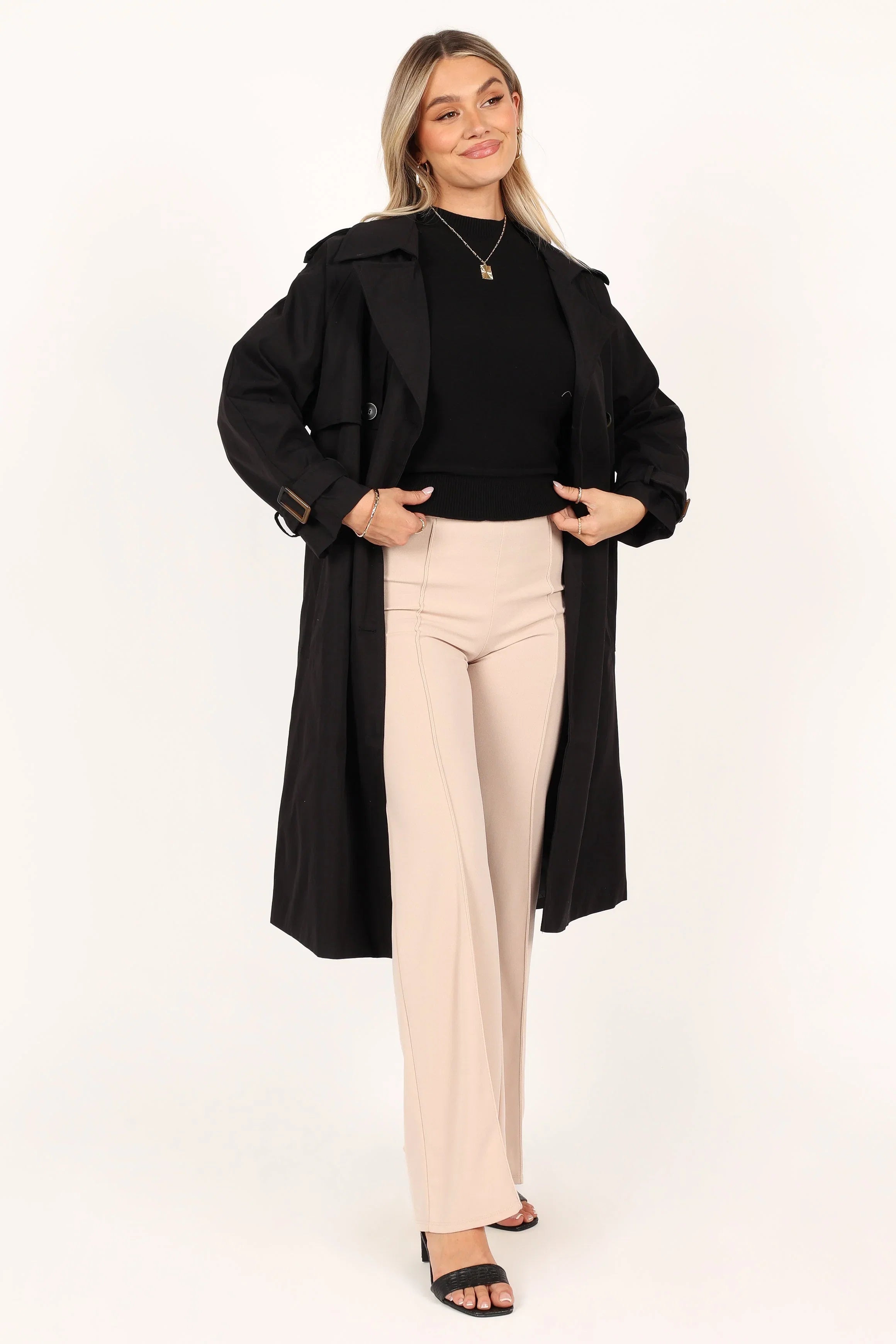 Trina Button Front Trench Coat Black