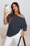 Give Me Options Off Shoulder Tee Navy White Stripe