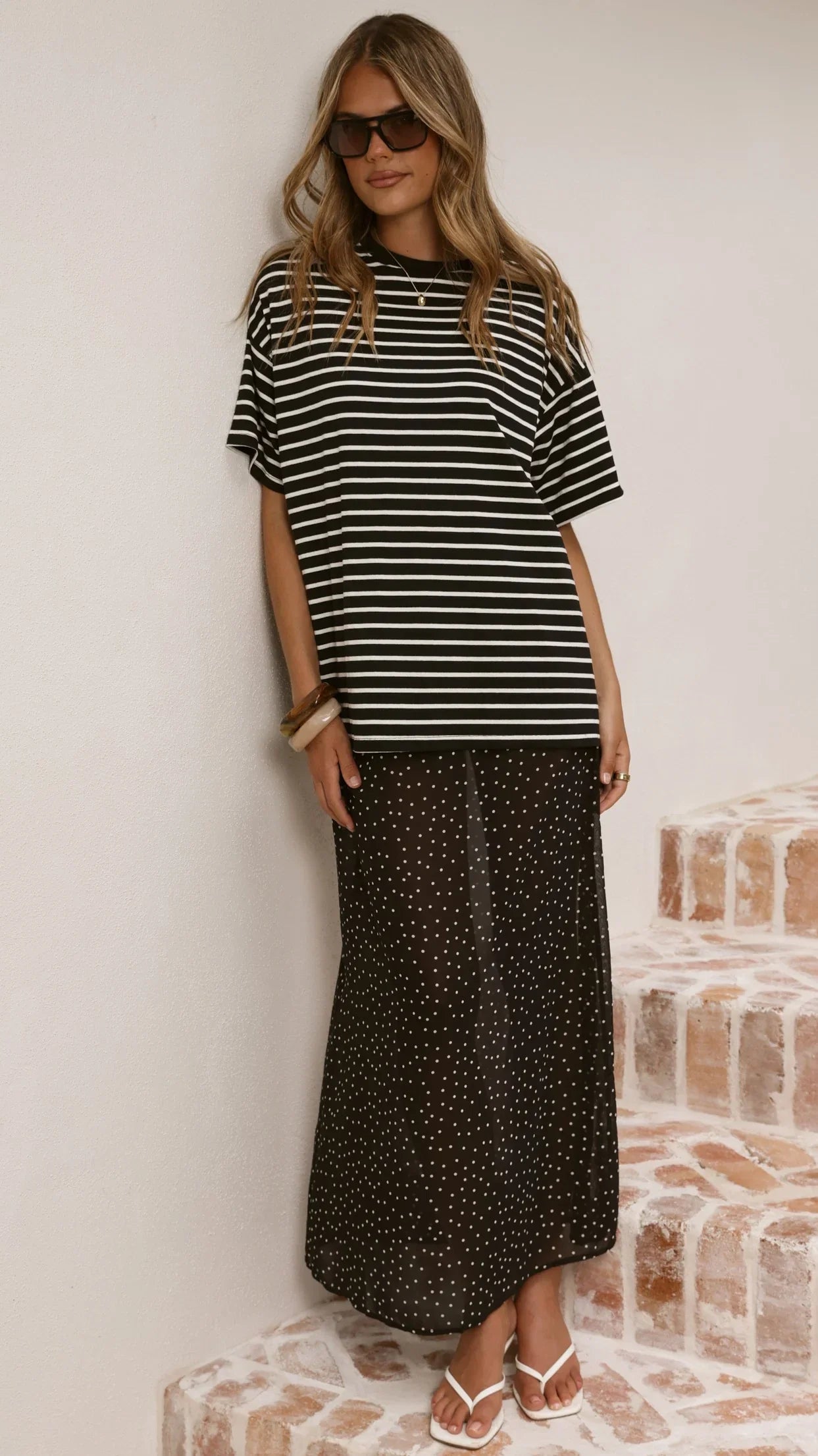 Elisha T Shirt and Sheer Maxi Skirt Set White Black Stripe and Polka Dot