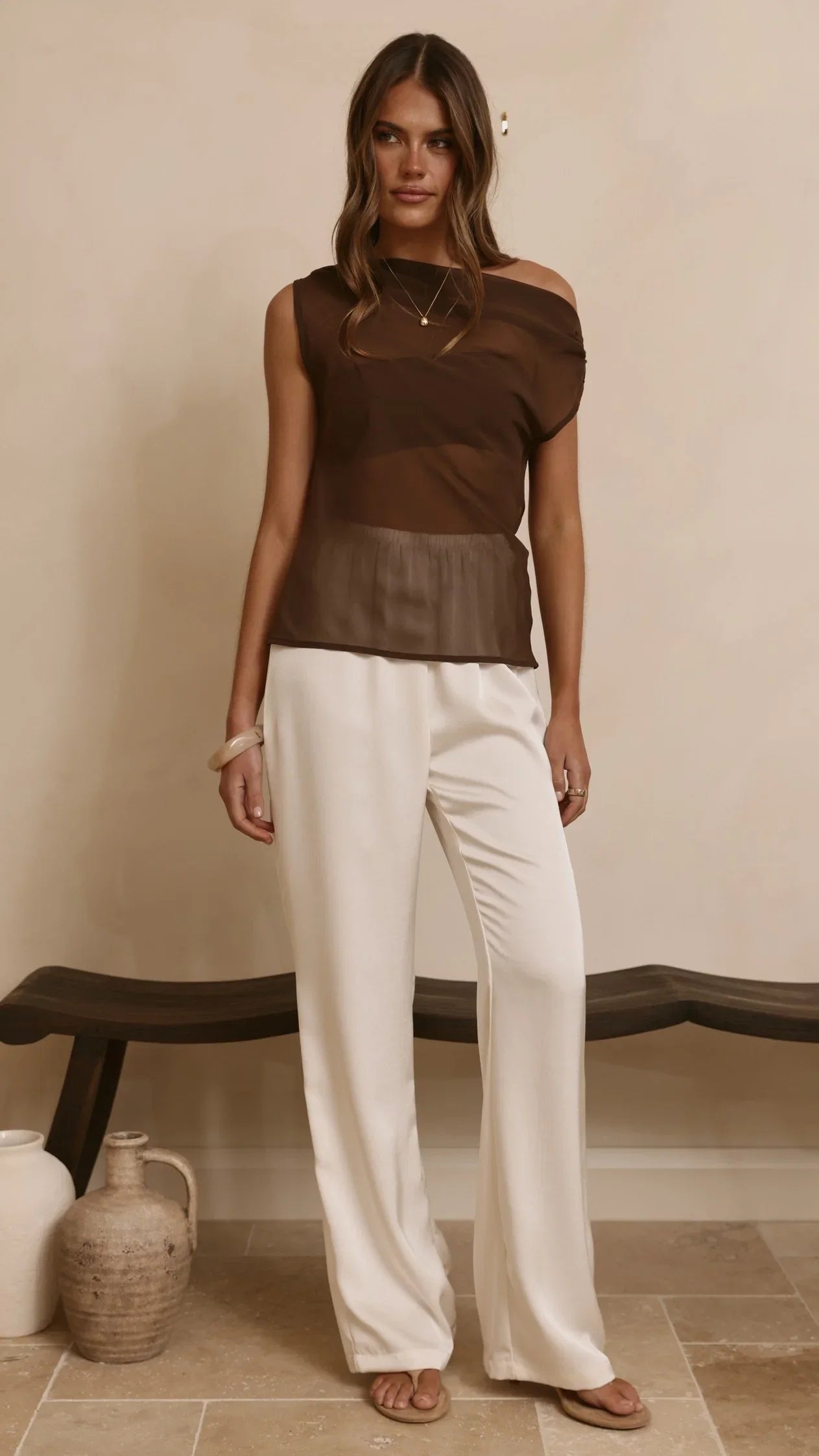 Zabella Sheer Off Shoulder Top Chocolate