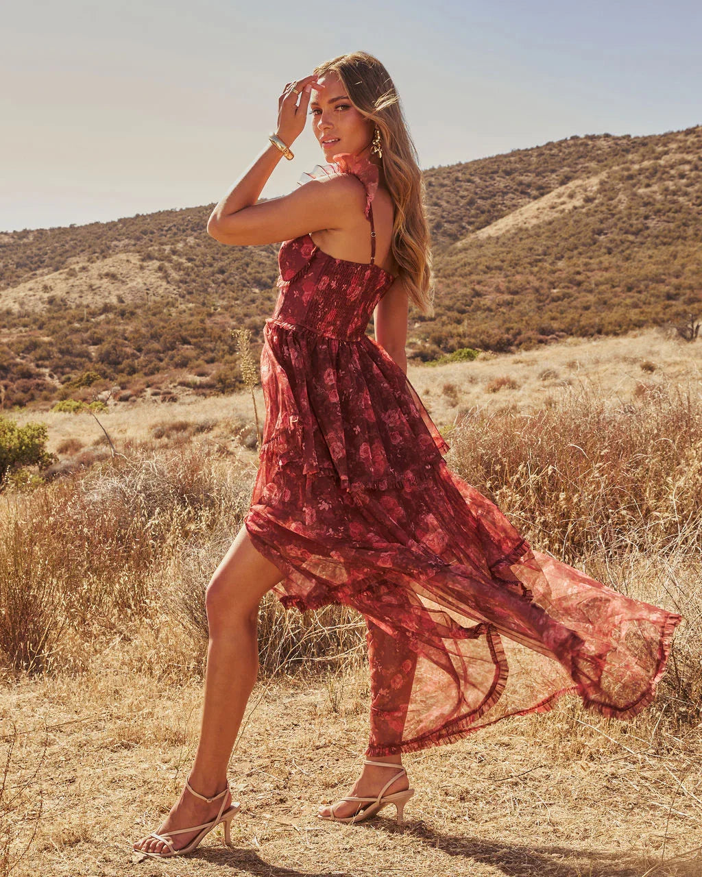 Reina Tiered Mesh Floral Maxi Dress