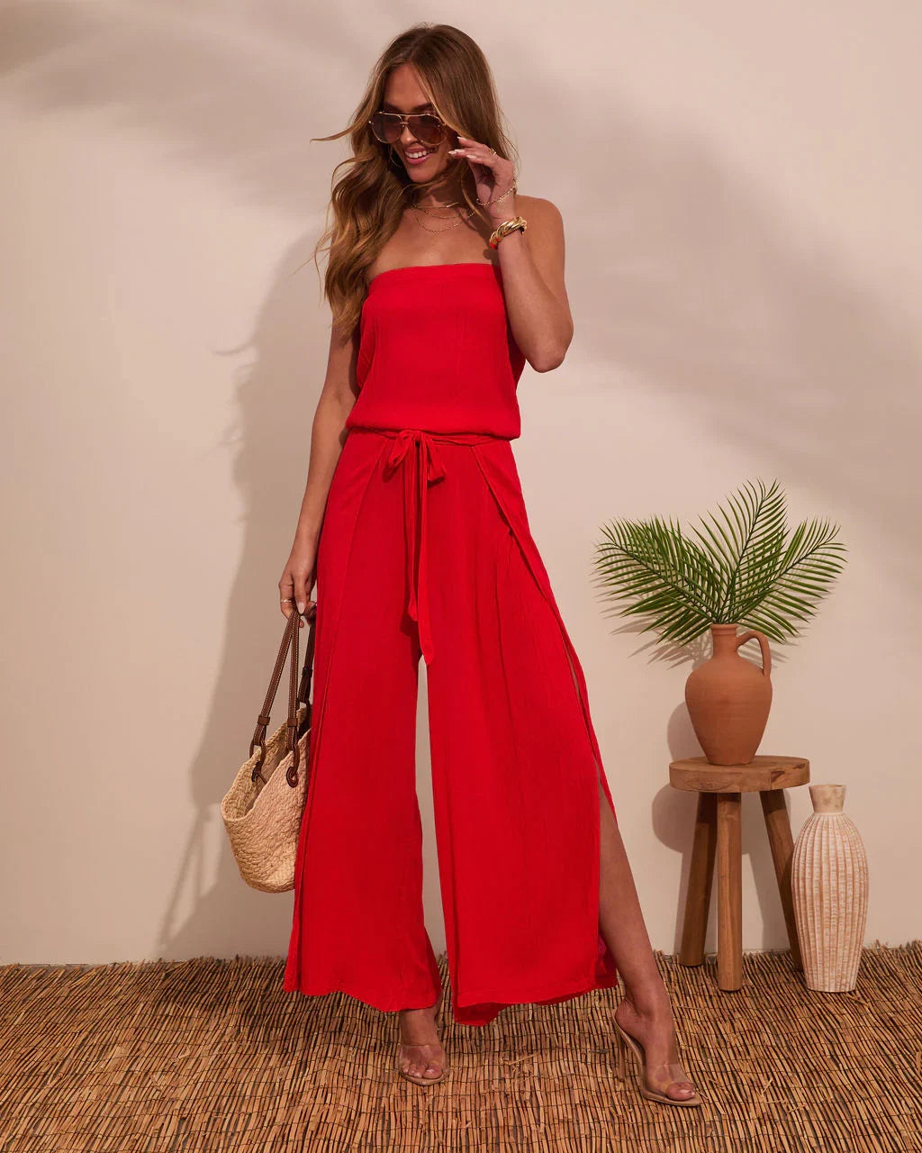 Coasting By Strapless Waist Tie Jumpsuit