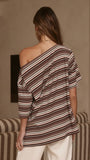 Pia One Shoulder Oversize Tee Choc Blue Stripe