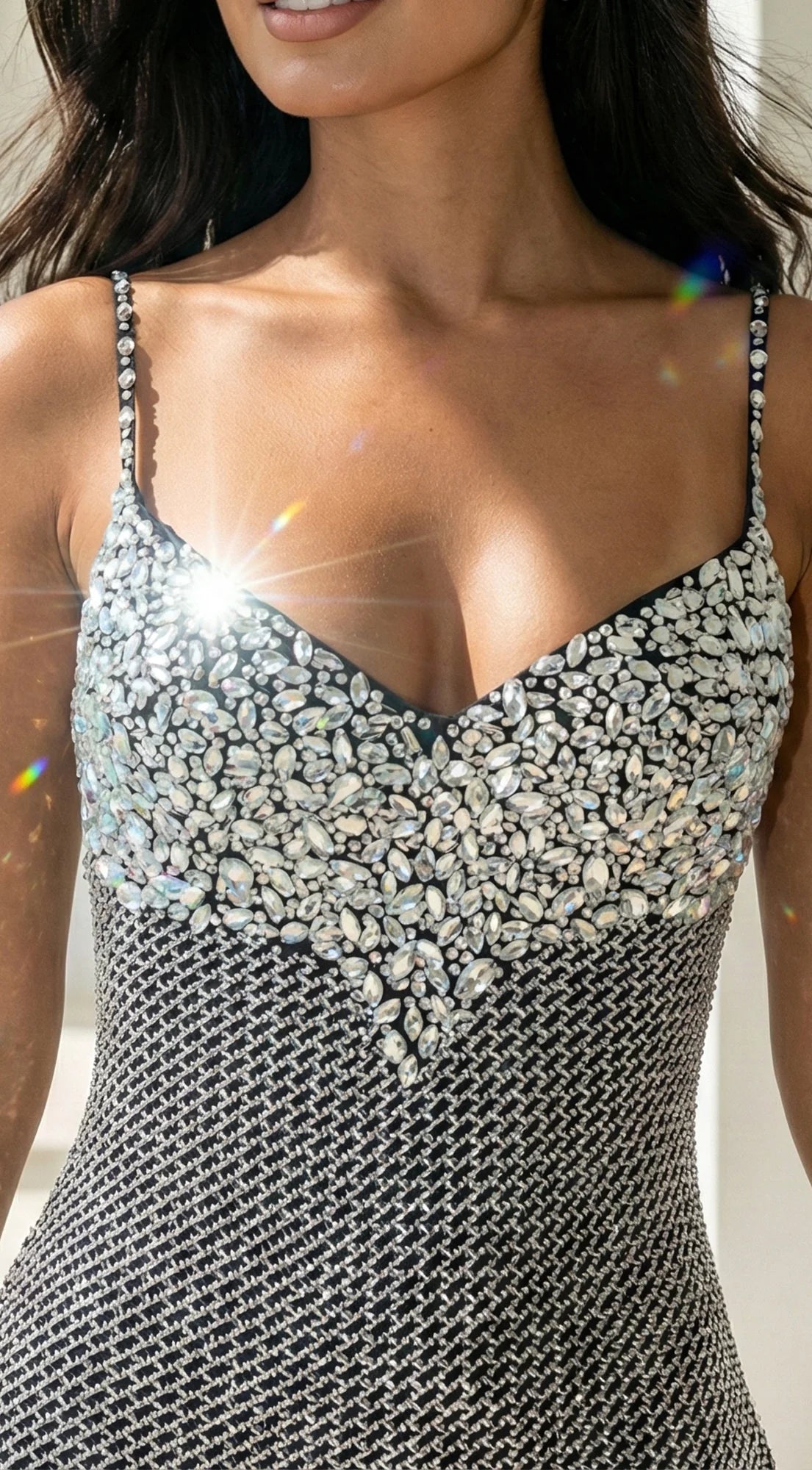 Maravelle Rhinestone Mermaid Maxi Dress Black