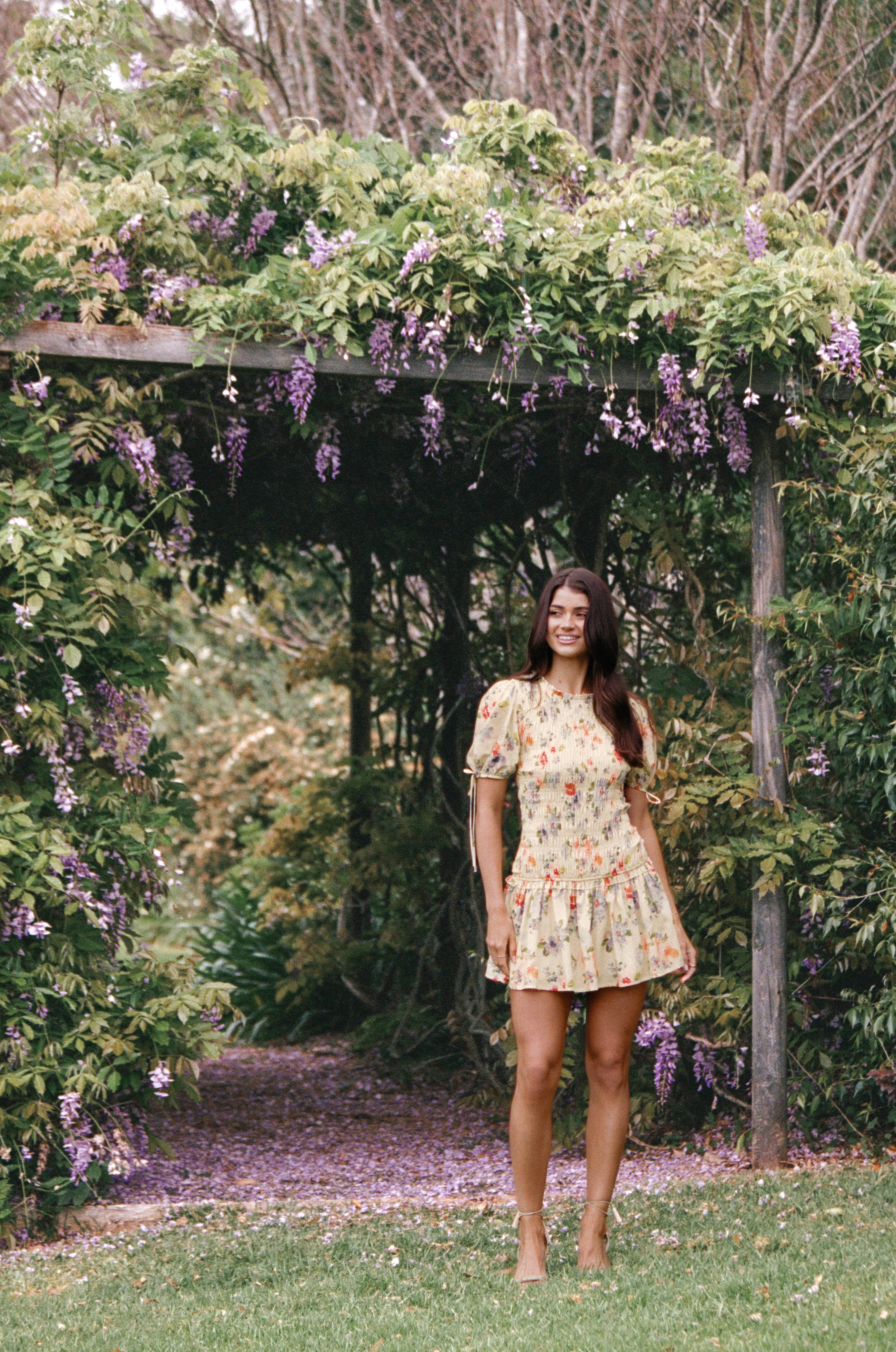 Kaelyn Gather Mini Dress Yellow Floral