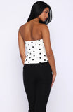 More Power Strapless Denim Top White Black Polka Dot
