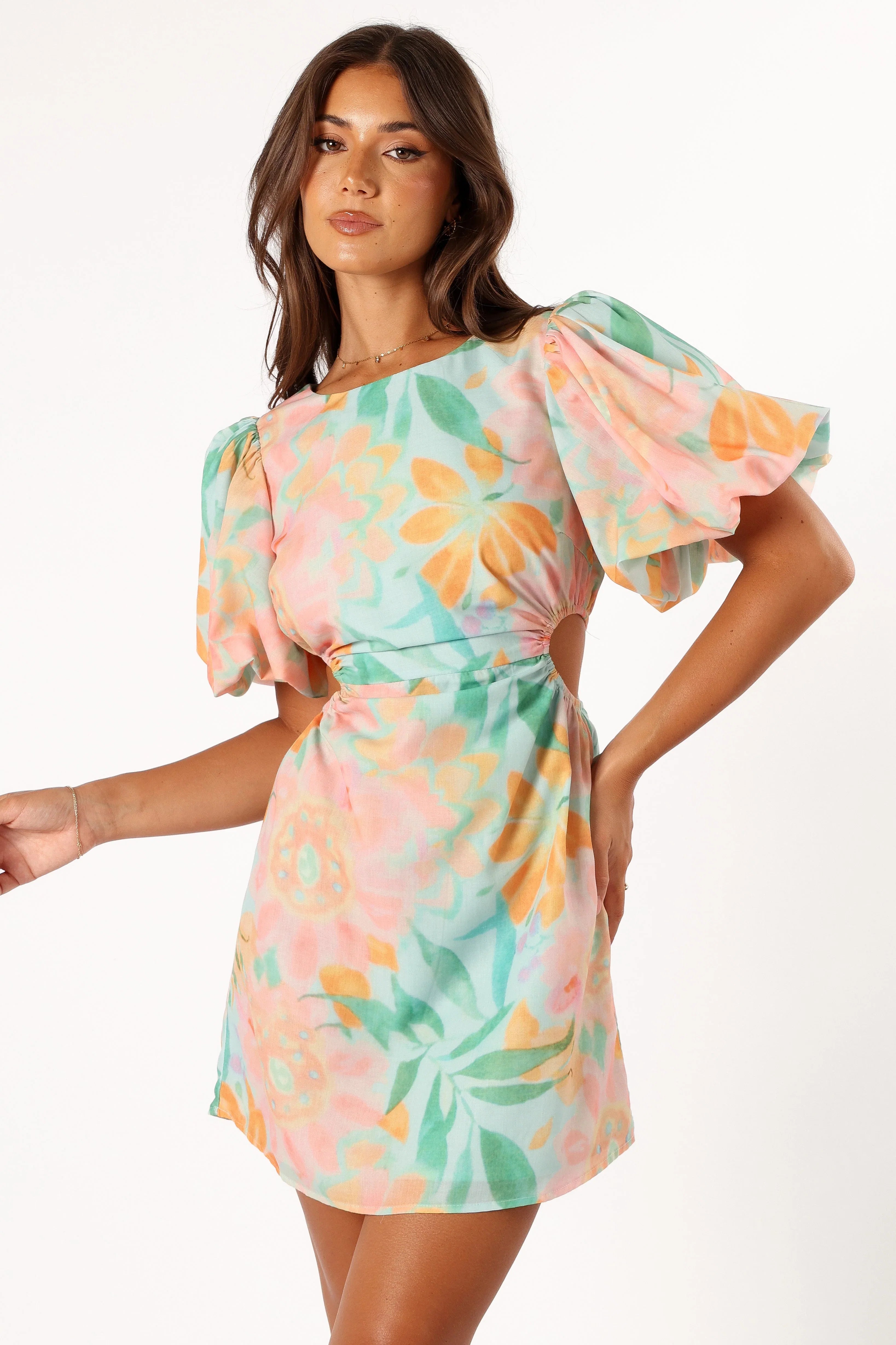 Natalie Puff Sleeve Mini Dress Coral Print