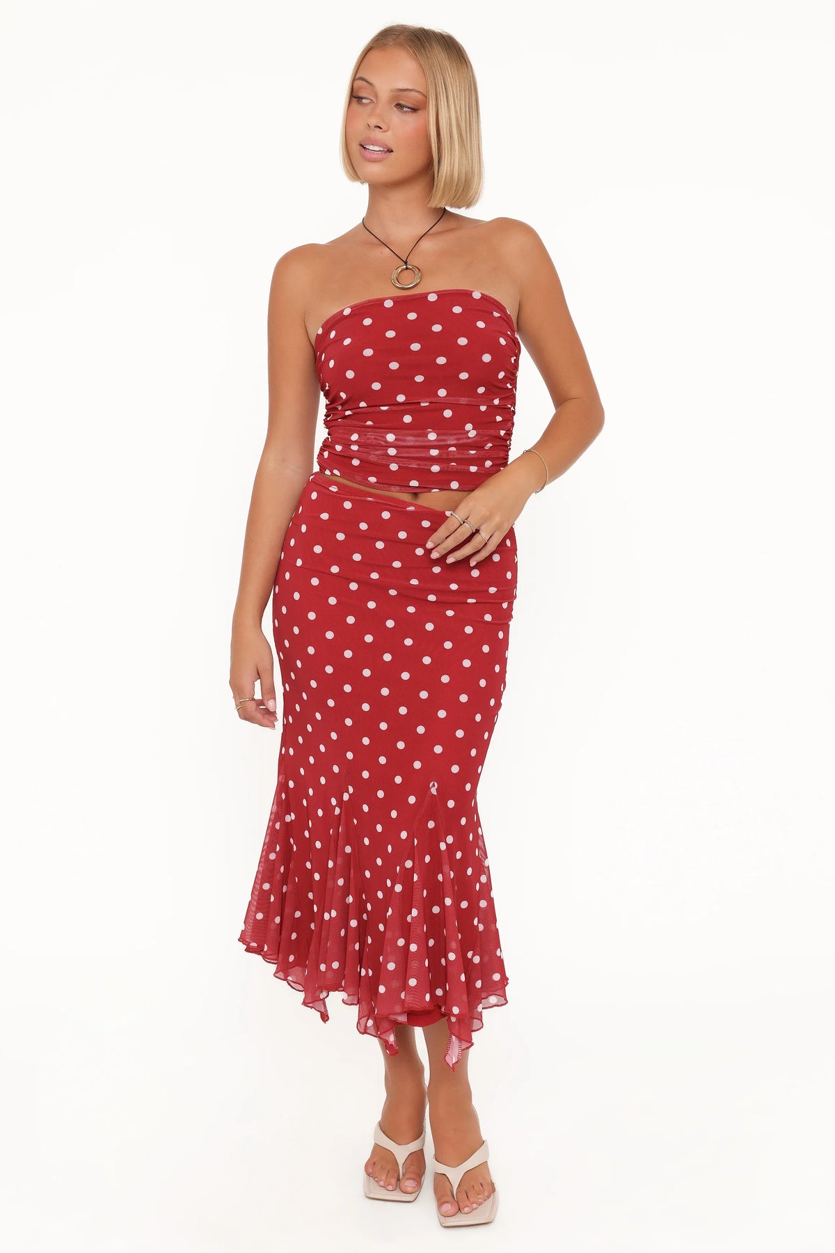 Tullia Mesh Midi Skirt Red Polka Dot