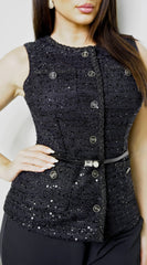 Ardelle Belted Sequin Tweed Top Black