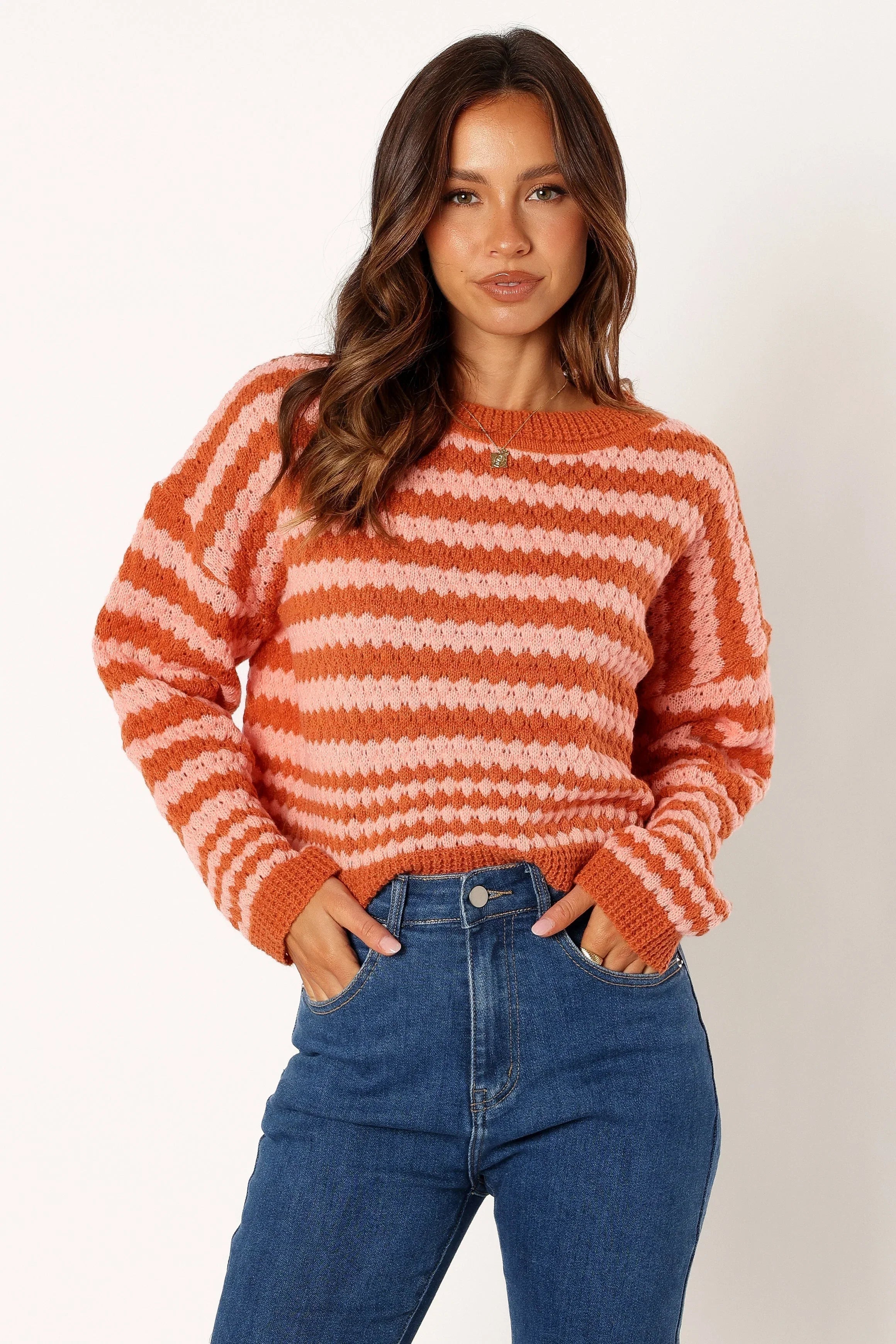 Yasmin Striped Crewneck Knit Sweater Orange Pink