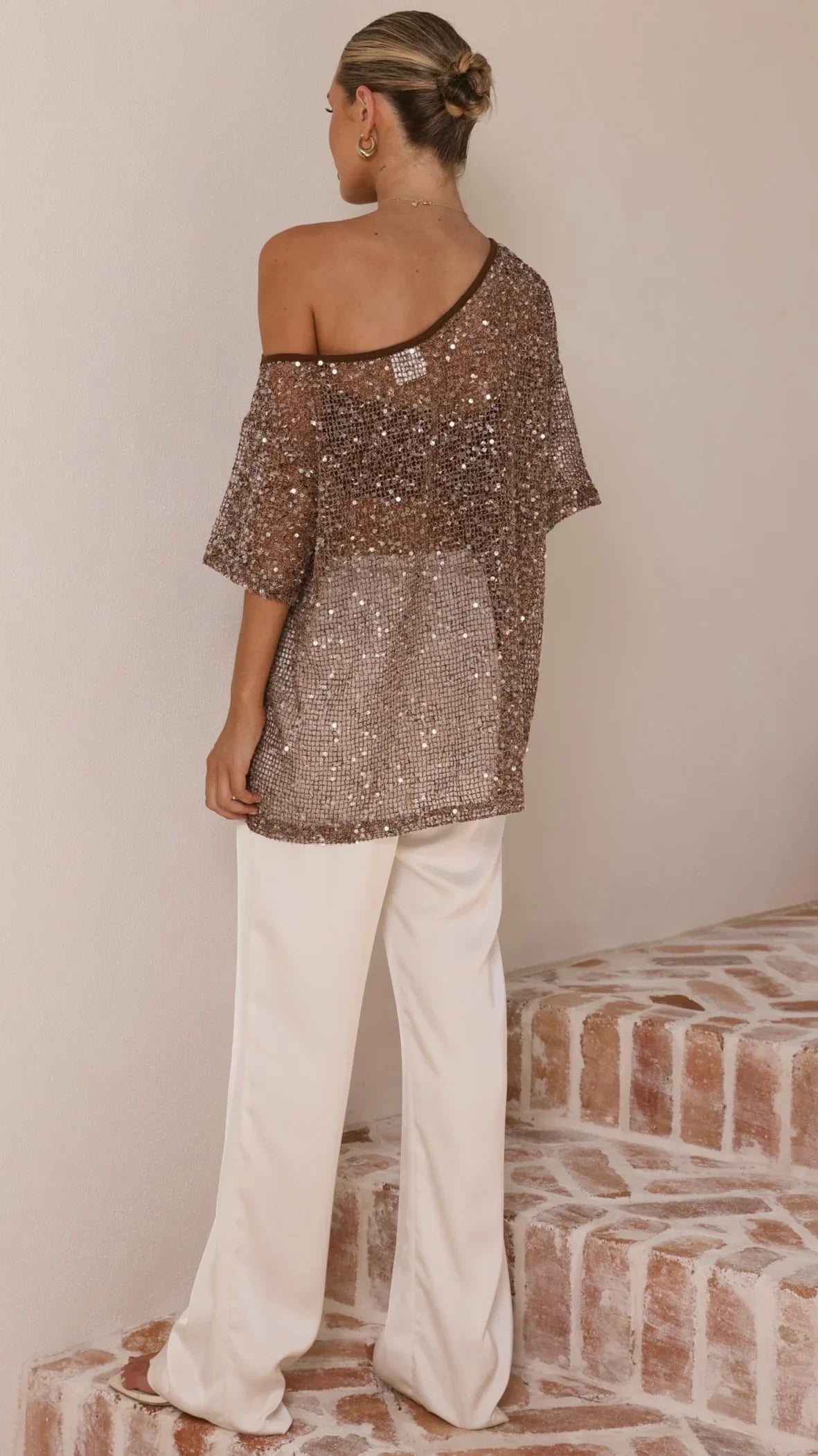 Zinnie Sequins Off Shoulder Top Mocha