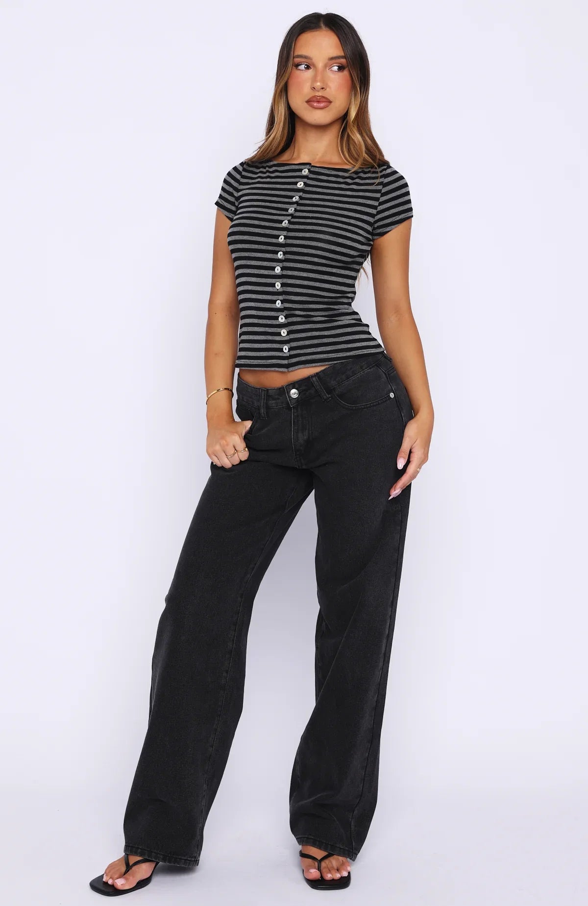 You Were Right Striped Button Up Top Dark Grey Black Stripe