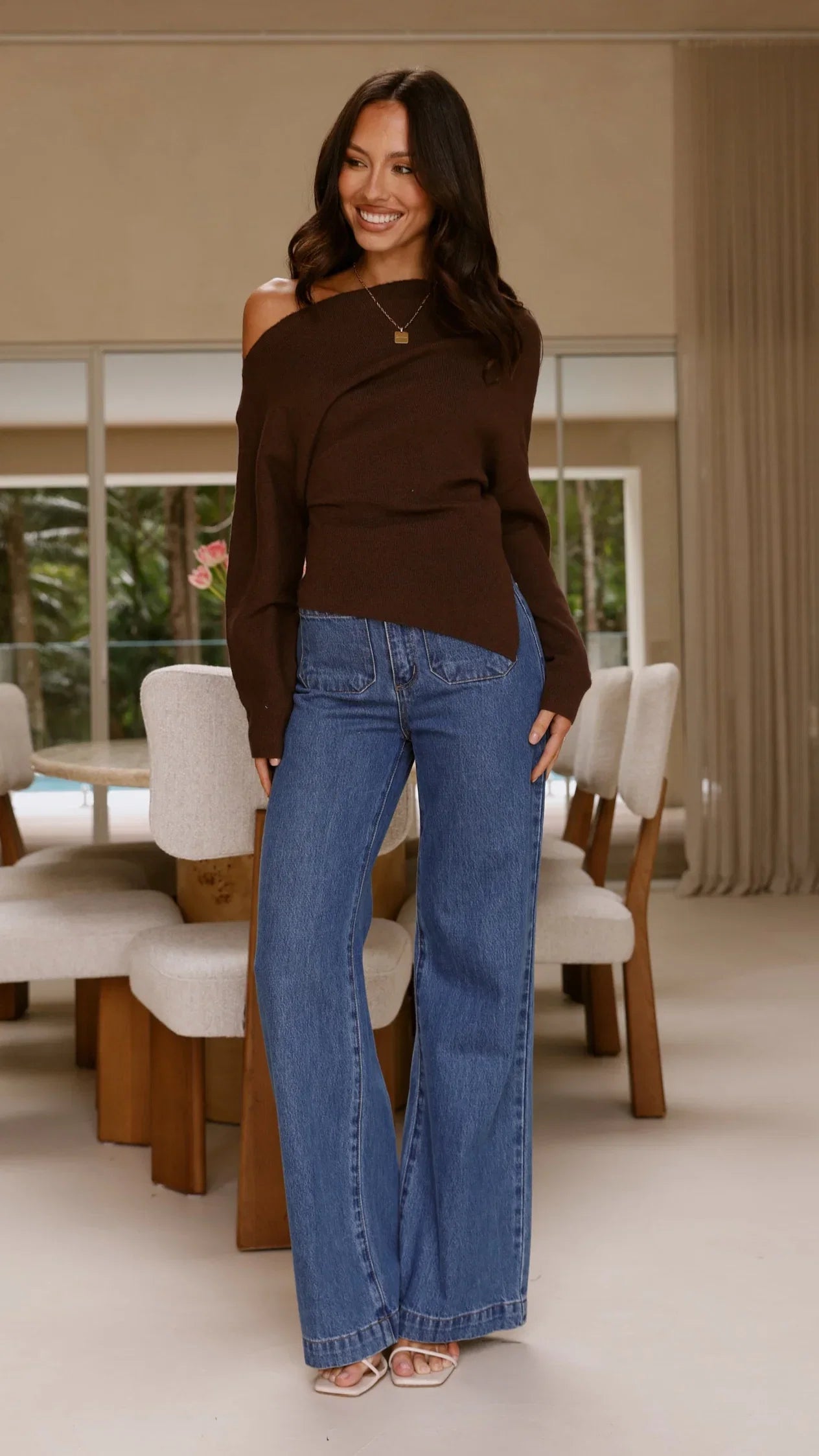 Eleora Long Sleeve Asymmetrical Top Brown