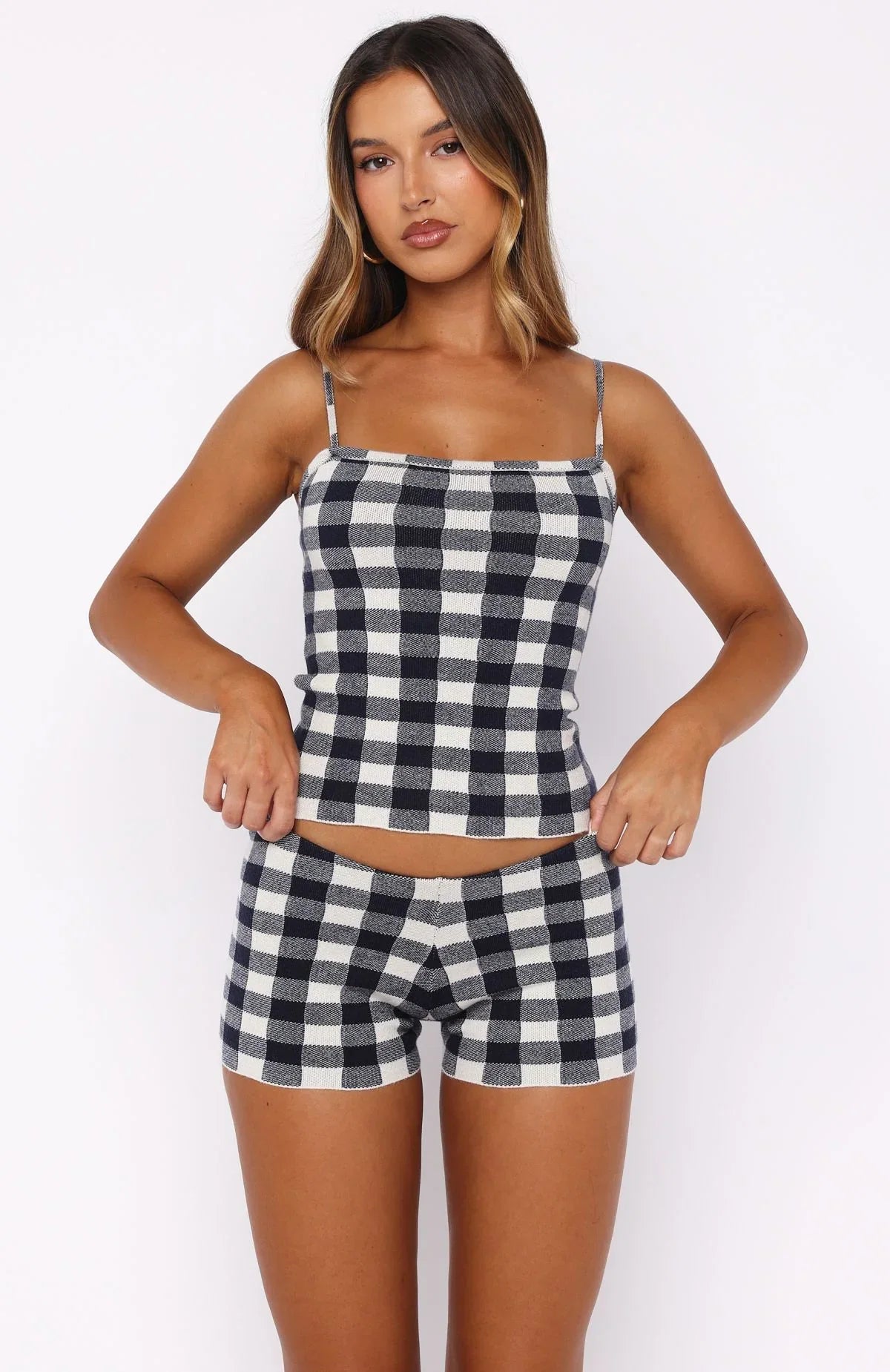 Iconic Duo Knit Cami Top Navy Cream Gingham