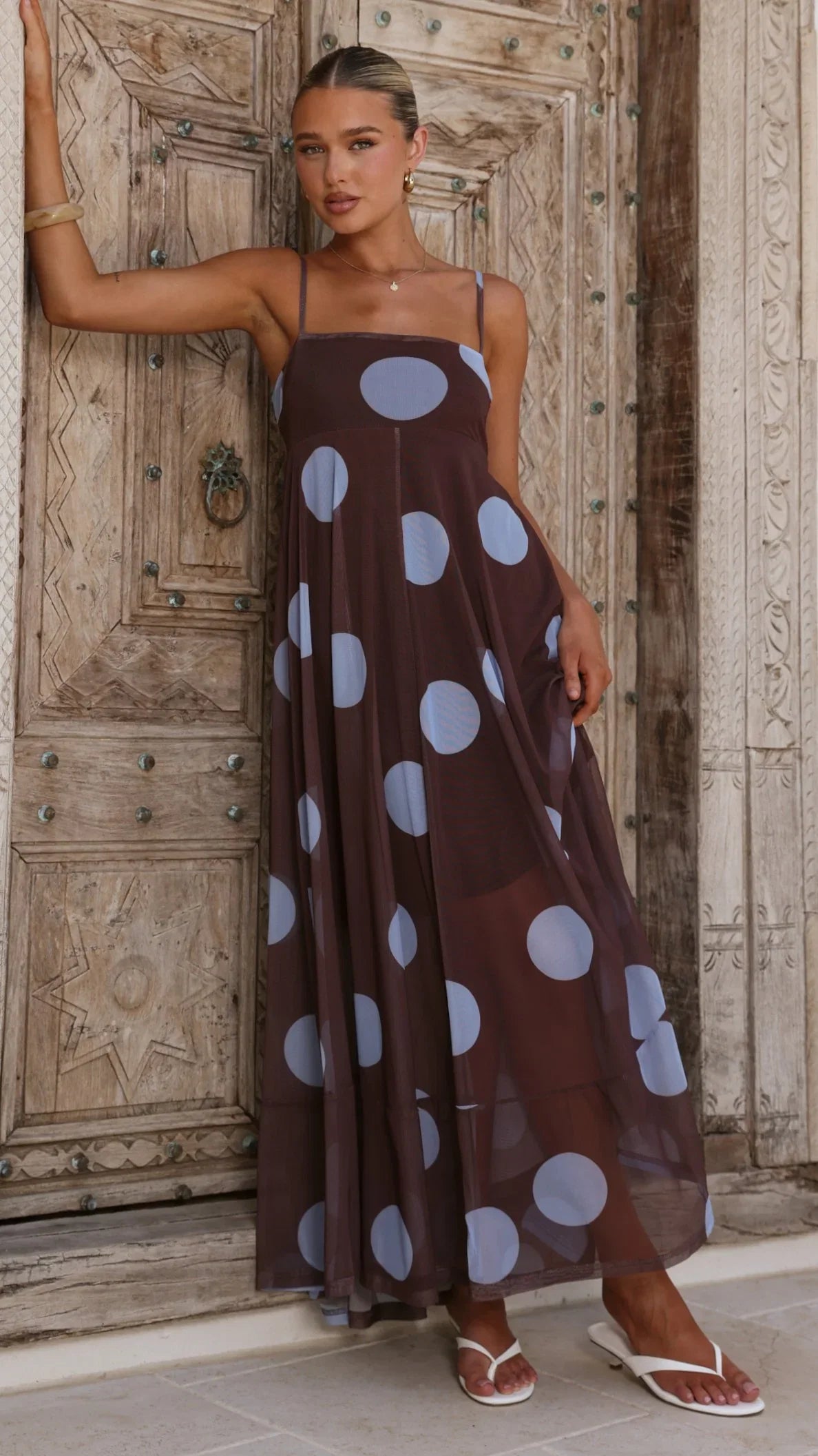Melinda Mesh Maxi Dress Brown Blue Polka Dot