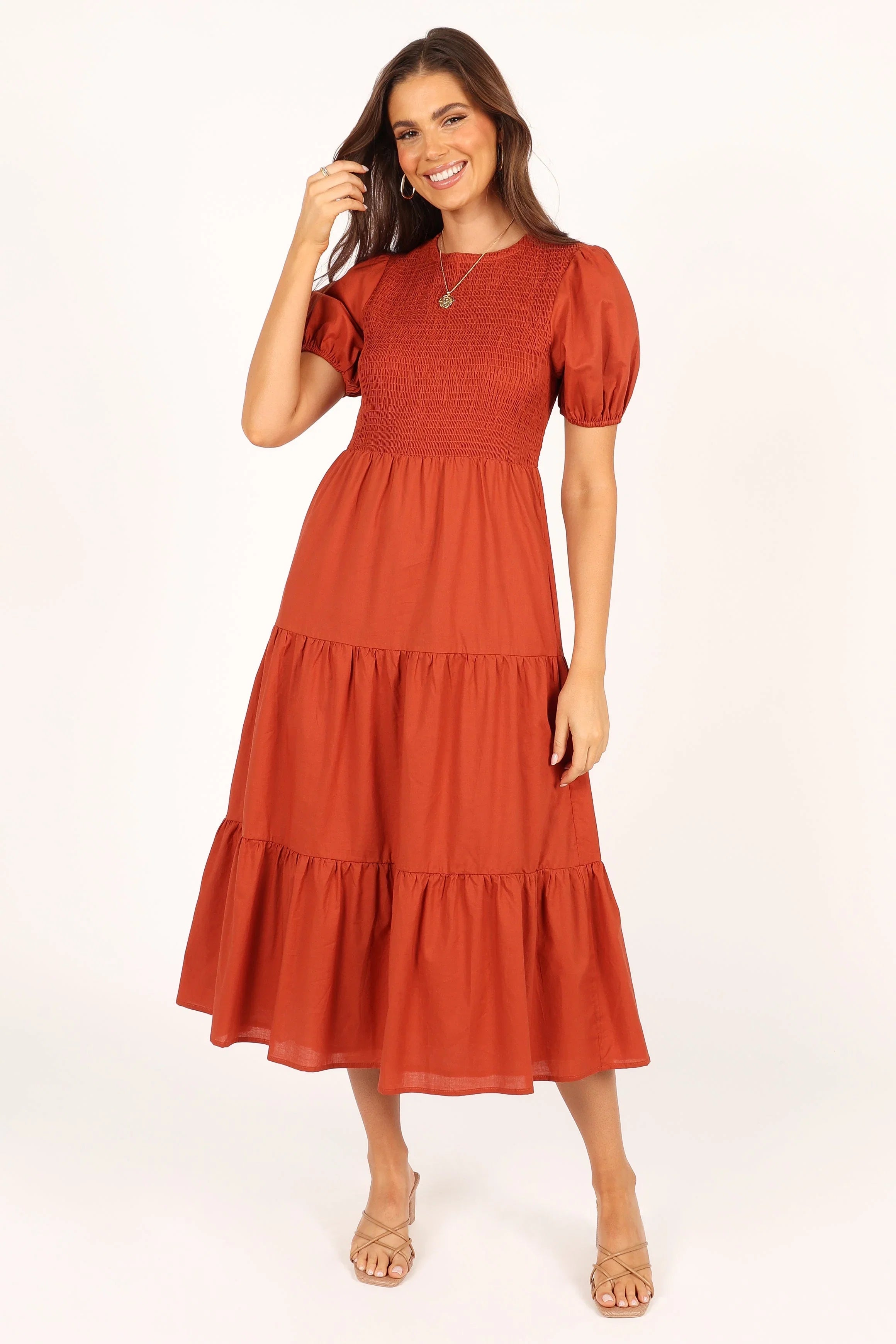 Naura Shirred Tiered Midi Dress Rust