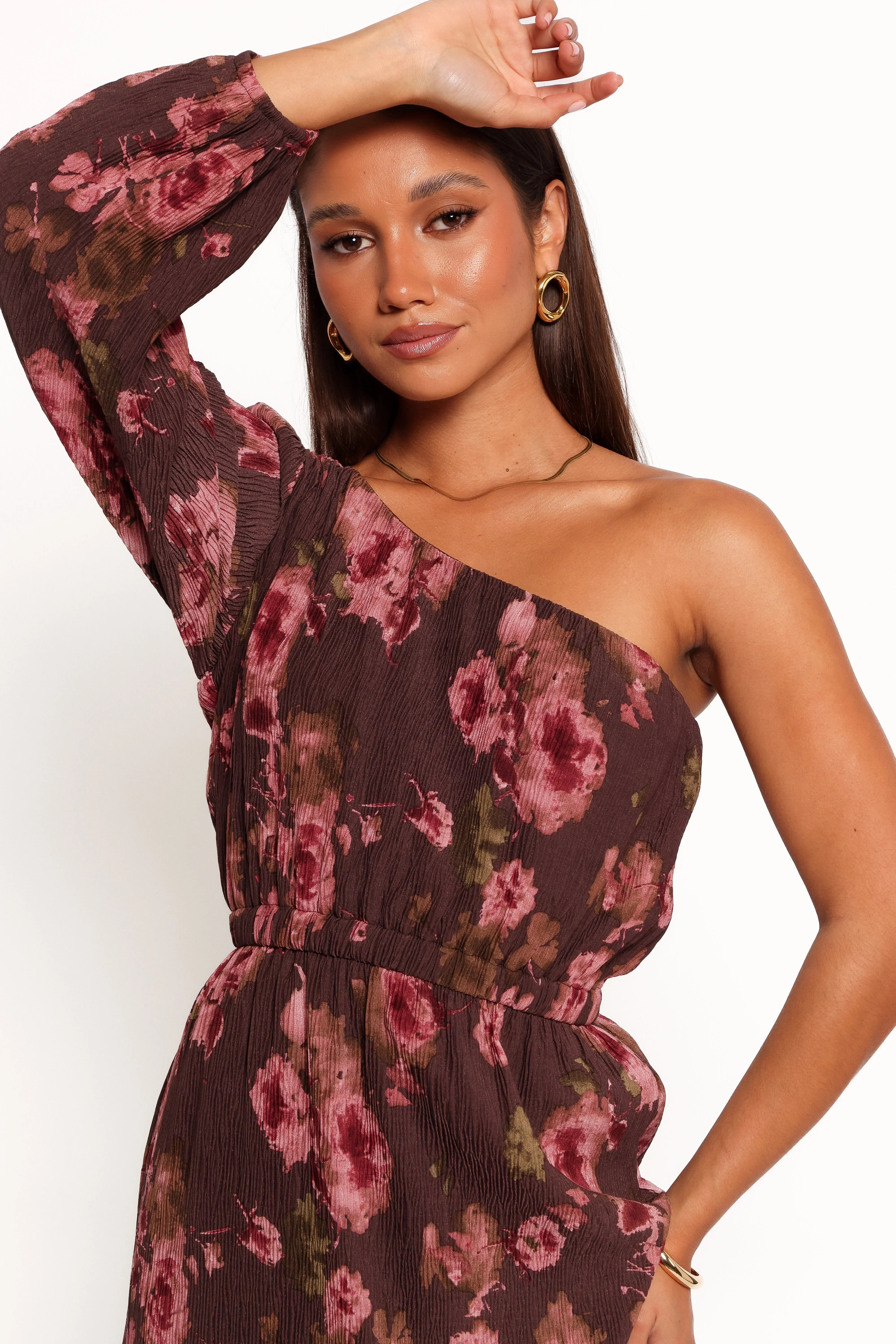 Pontee One Shoulder Pleated Midi Dress Chocolate Brown