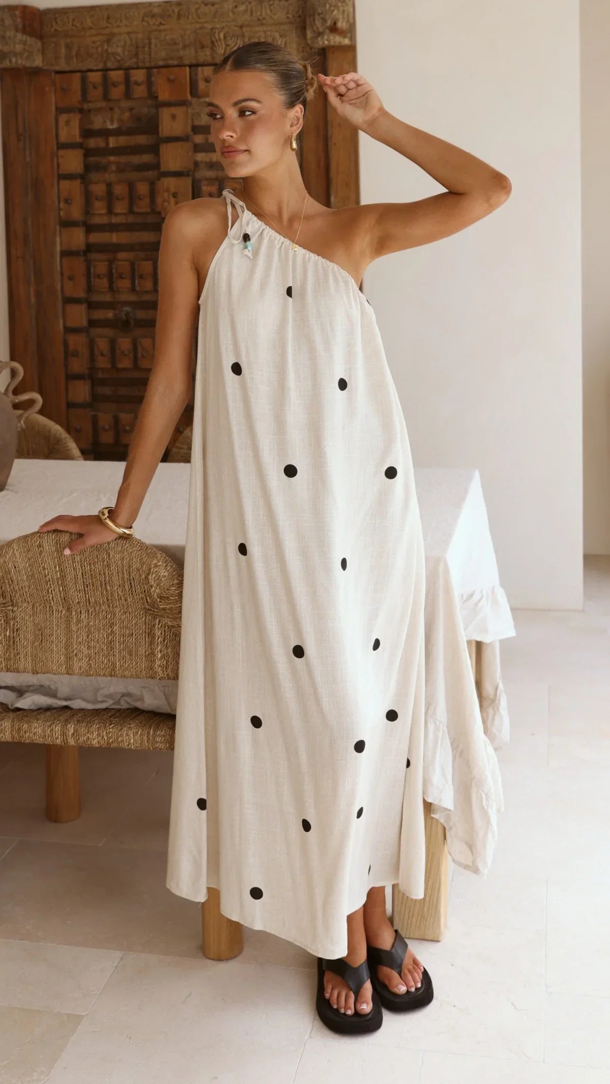 Nasira One Shoulder Maxi Dress Oat Black Polka Dot