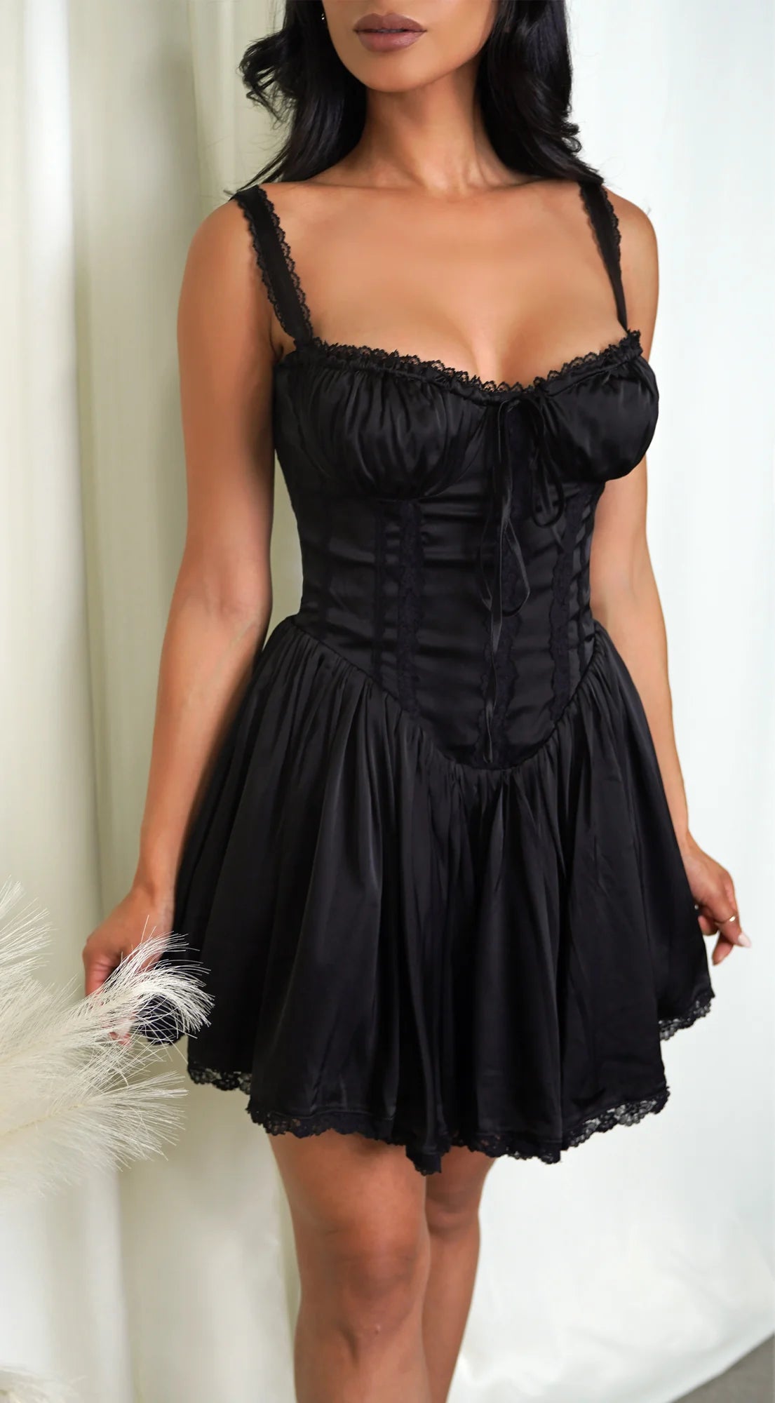 Camilla Black Satin Corset A Line Mini Dress