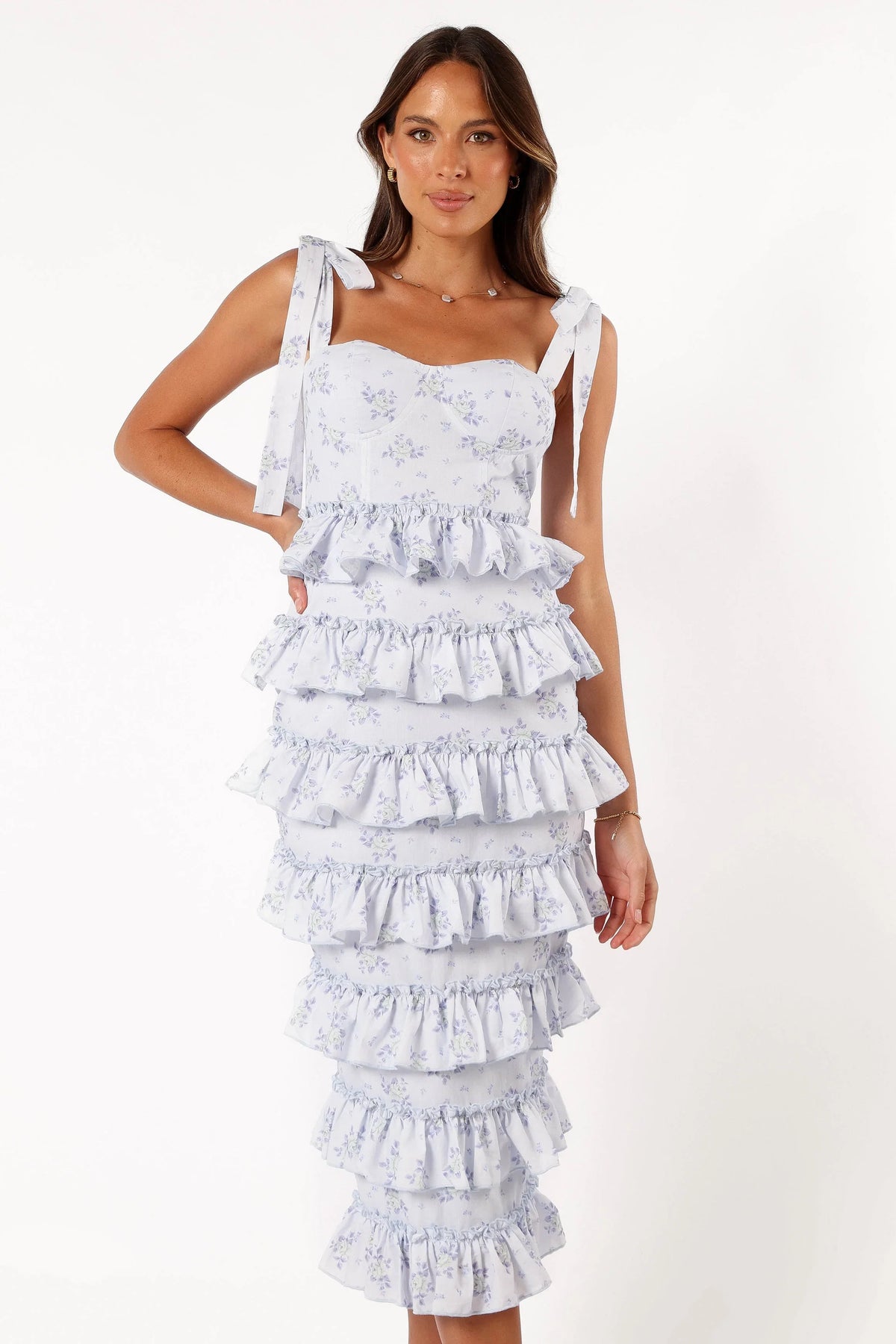 Marina Frilled Midi Dress Blue Floral