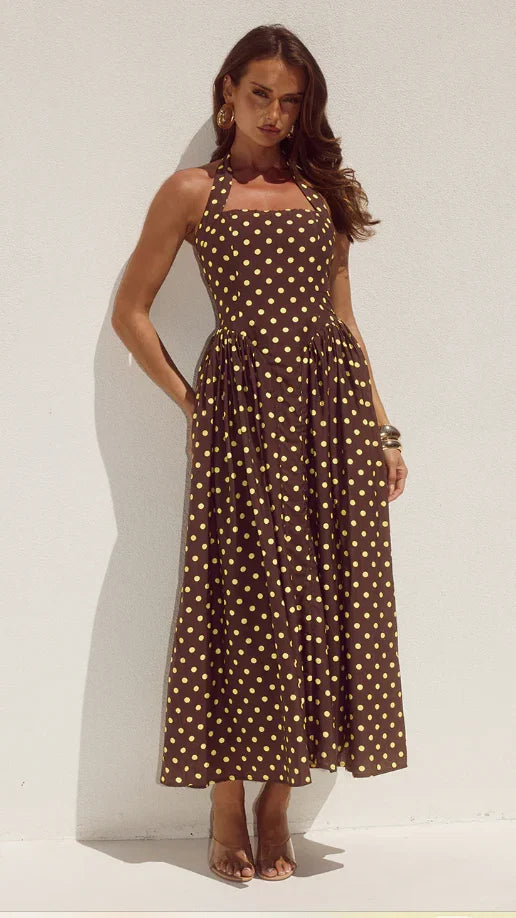 Sammi Halter Midi Dress Choc Lemon Polka