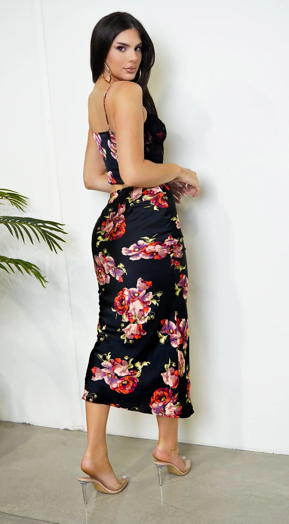 Freya Black Red Rose Floral Print Lace Satin Set