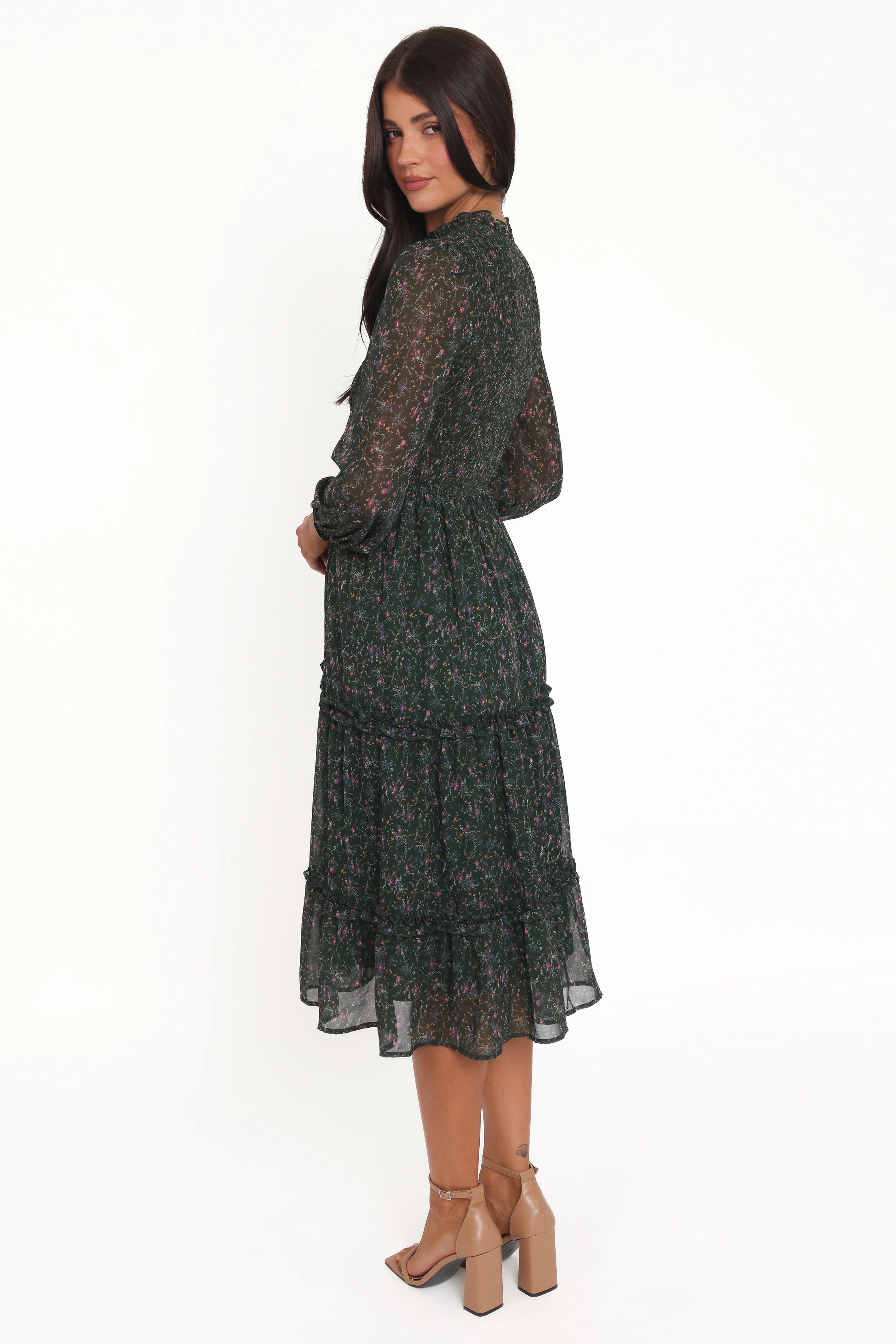 Edwina Shirred Frill Long Sleeve Midi Dress Olive Floral
