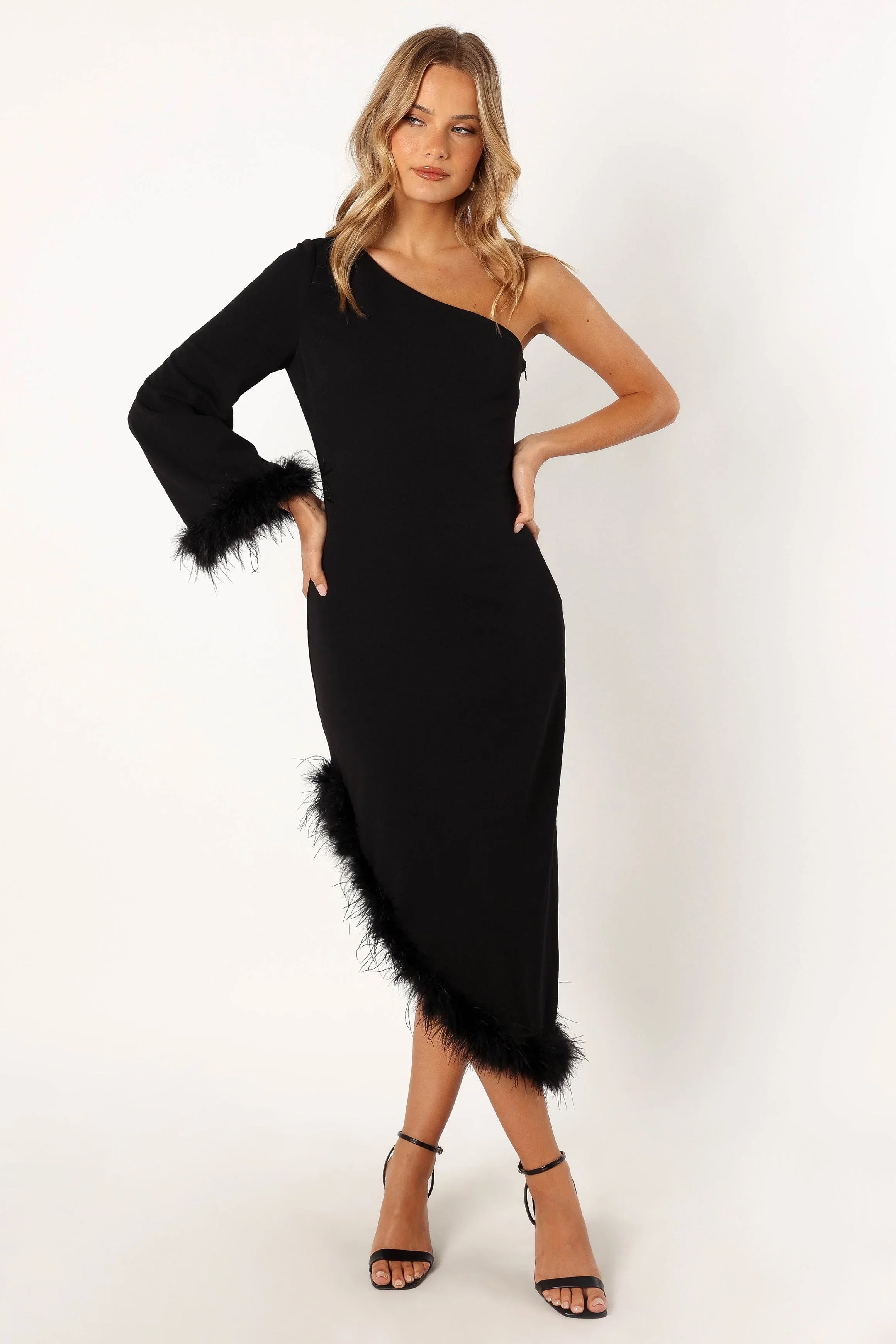 Dame One Shoulder Feather Midi Dress Black