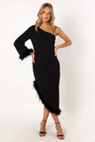 Dame One Shoulder Feather Midi Dress Black