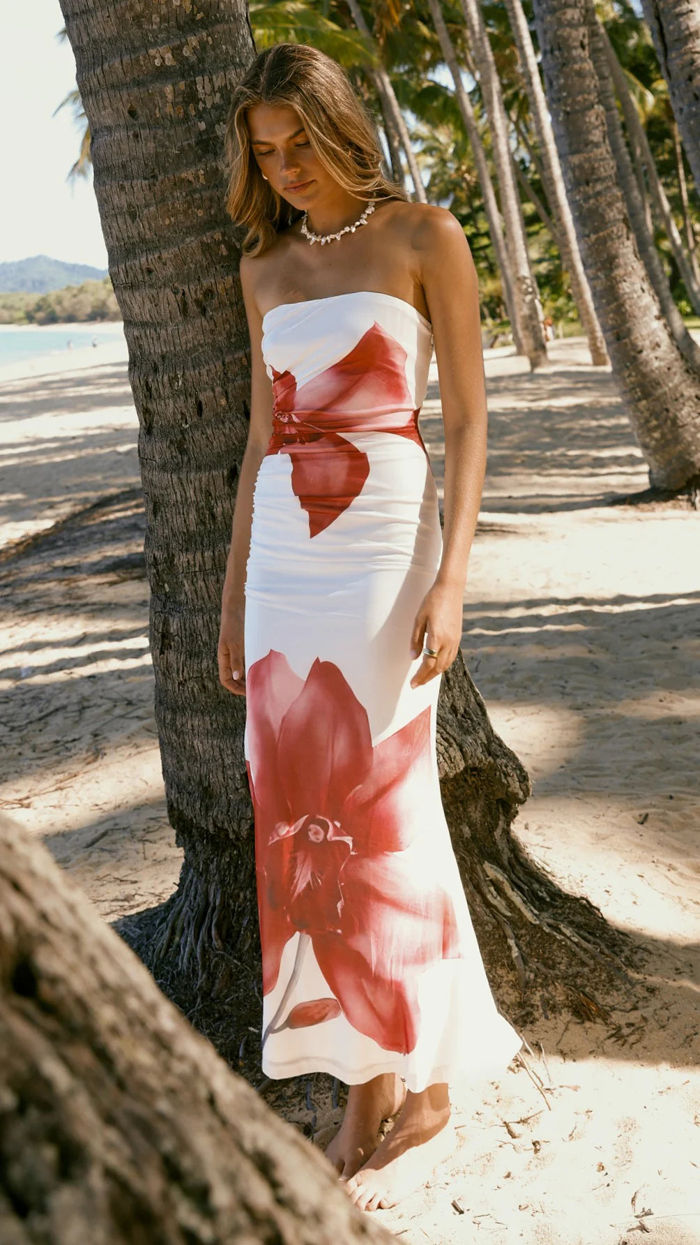 Brittani Strapless Maxi Dress White Red