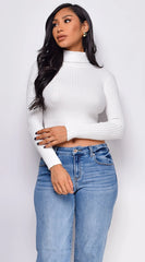 Astraia Basic Turtle Neck Crop Ribbed Sweater Top Off White