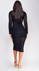 Taima High Neck Sheer Pointelle Midi Dress Black