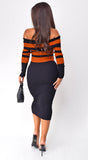 Robyn Stripe Ribbed Off Shoulder Midi Dress Black