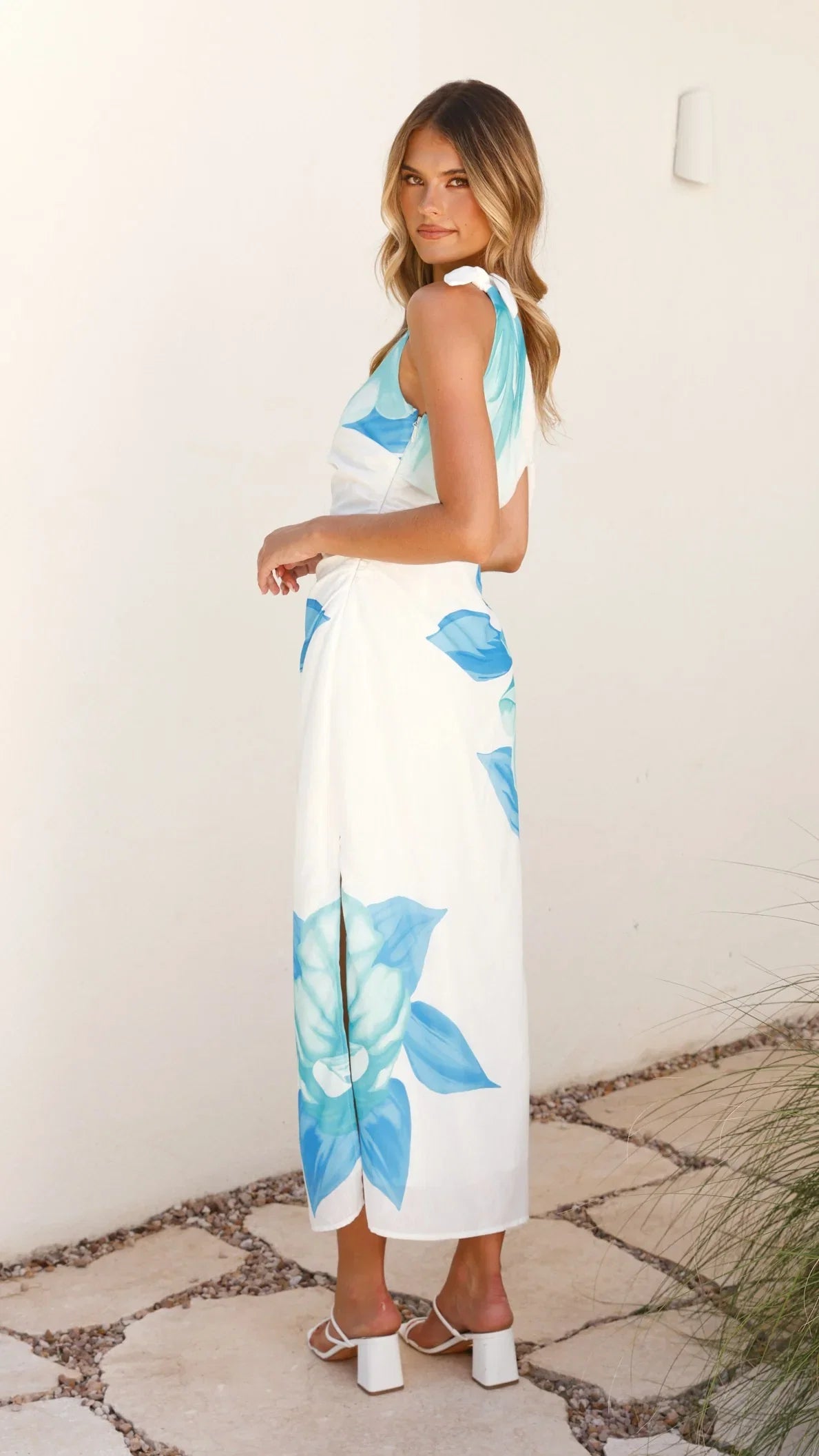 Maisy Shoulder Tie Midi Dress Blue Teal