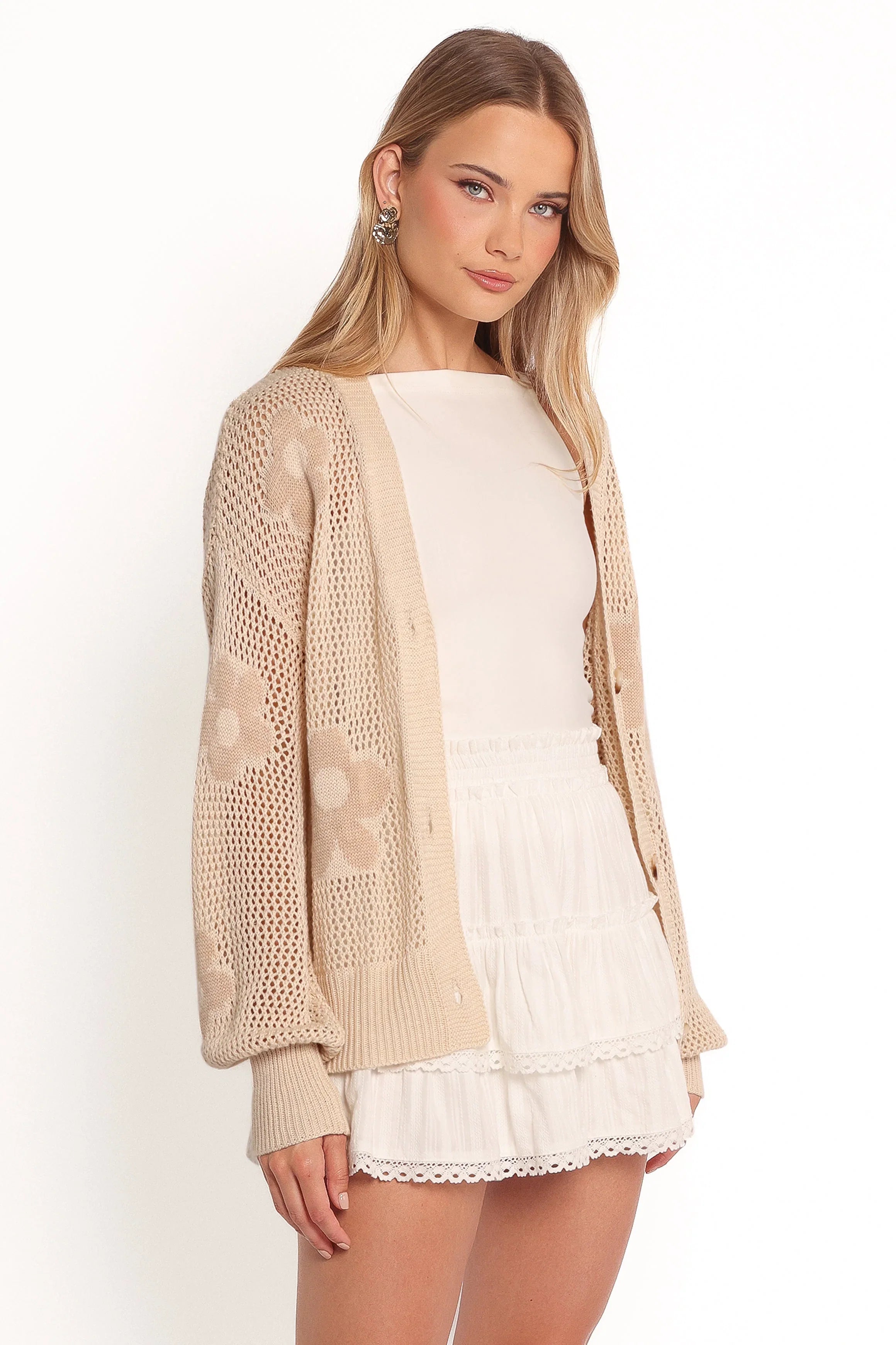 Winslow Open Knit Flower Cardigan Tan