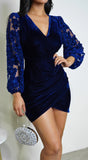 Dafne Velvet Lace Sleeve Mini Dress Blue