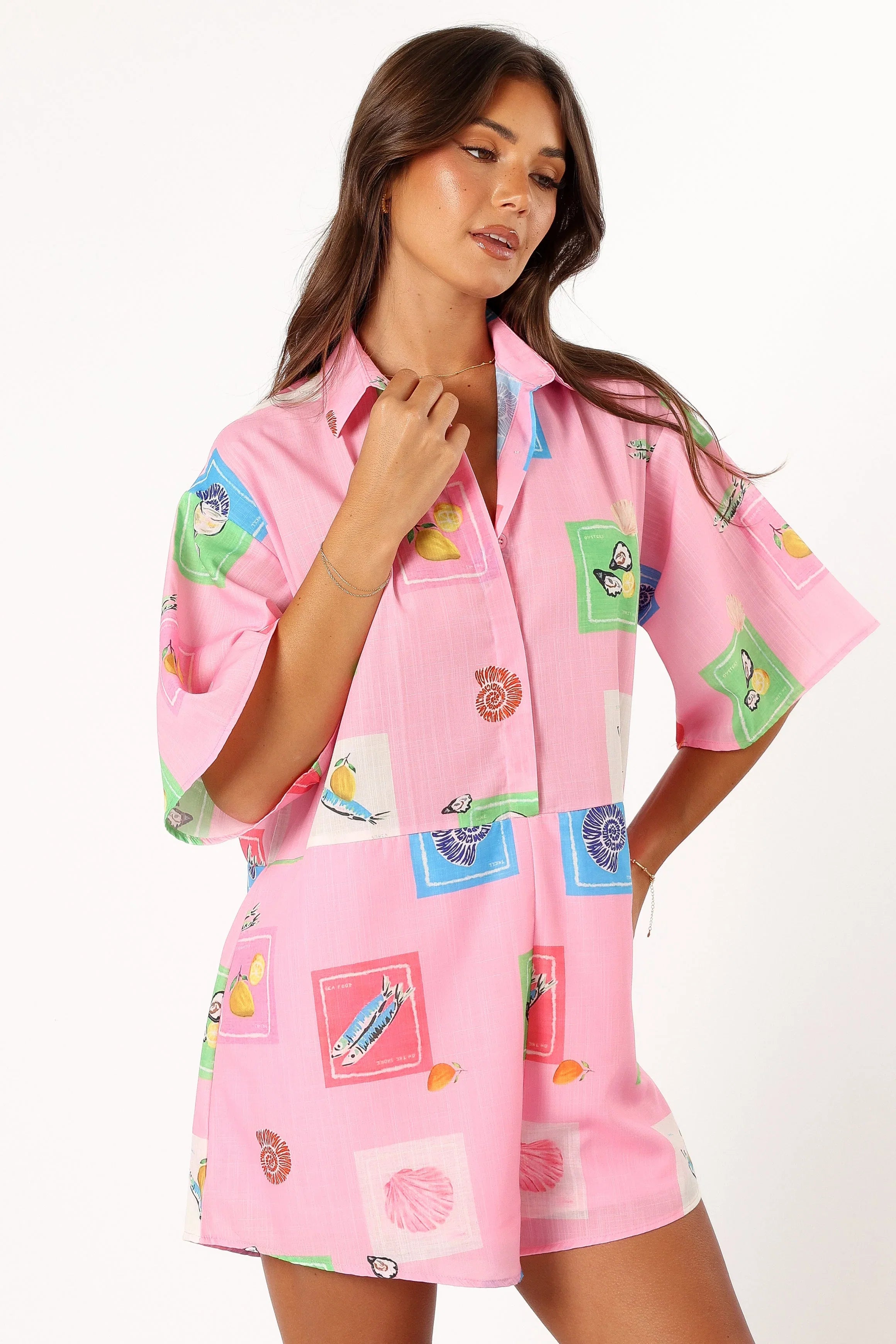Kellie Romper Pink Stamp Print