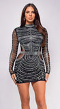Nevya Black Rhinestone Mock Neck Mini Dress