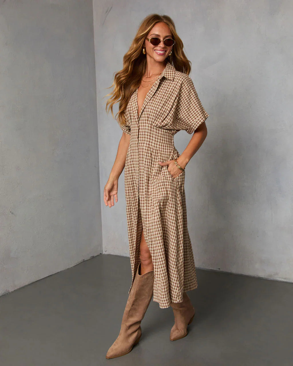 Backroad Blues Gingham Midi Shirt Dress