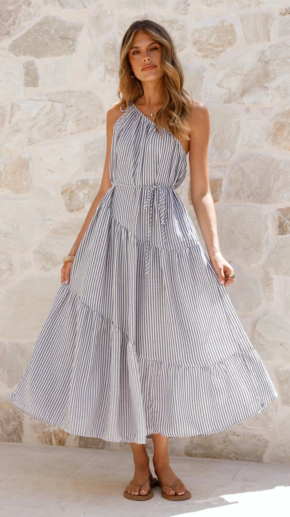 Wendy One Shoulder Maxi Dress Blue White Stripe